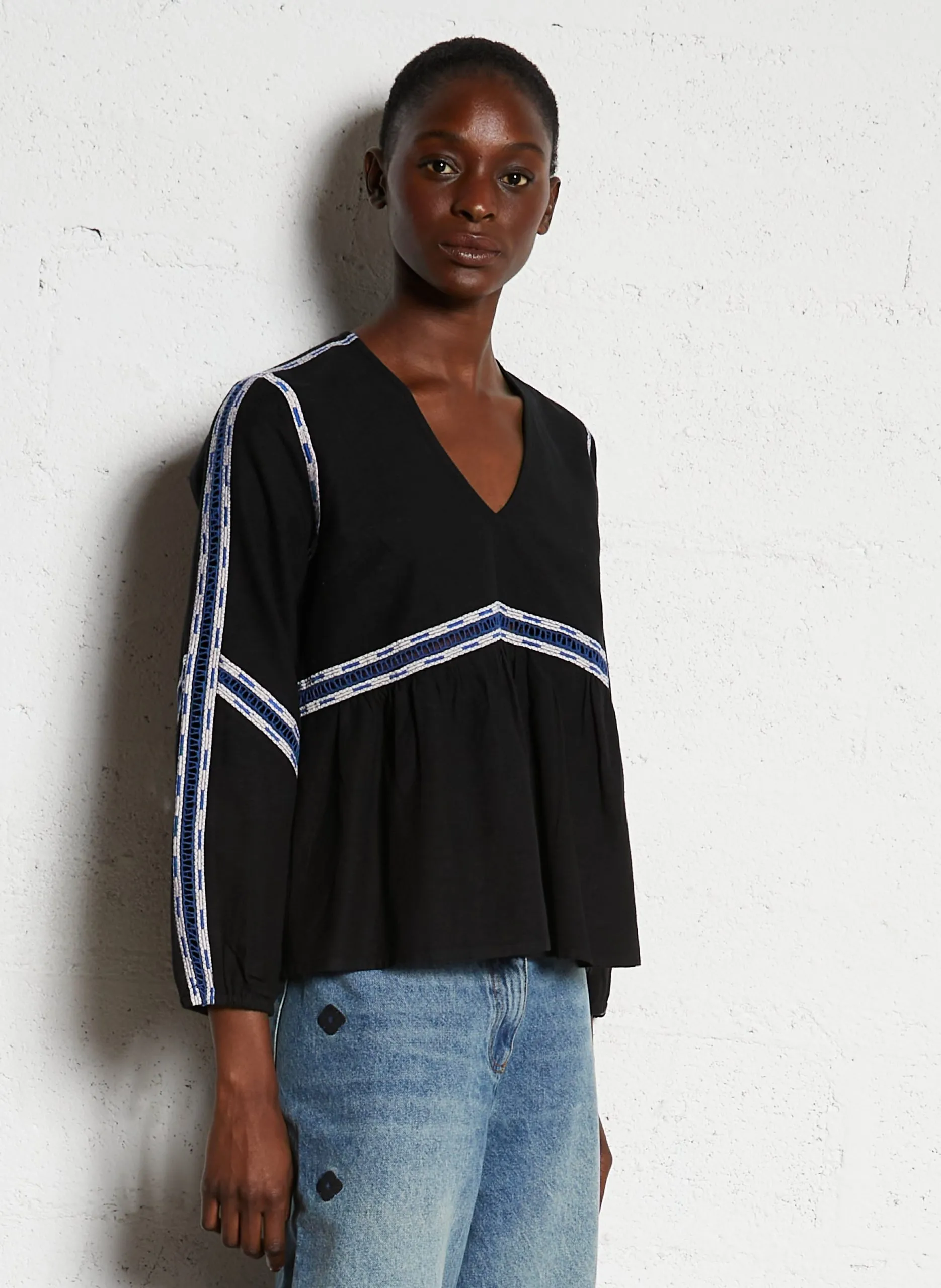 Blouse évasée col V Noir CITA