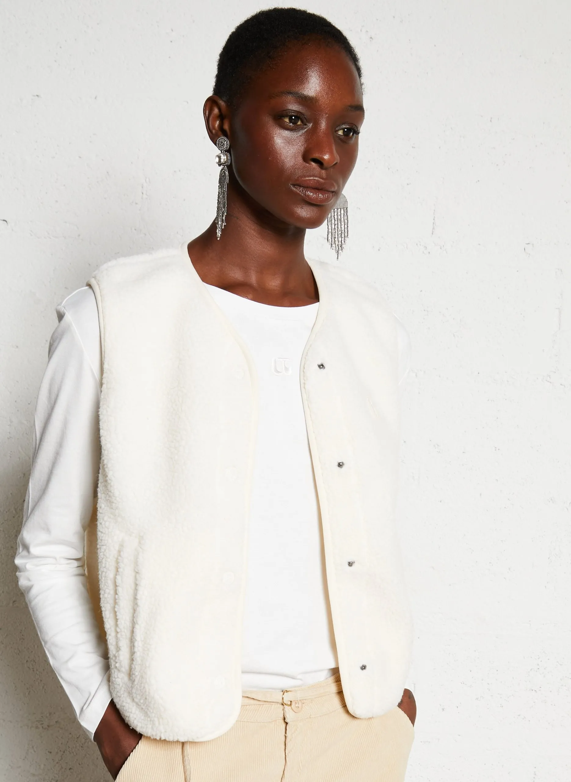 Veste droite col V imprimée Blanc GUDRU