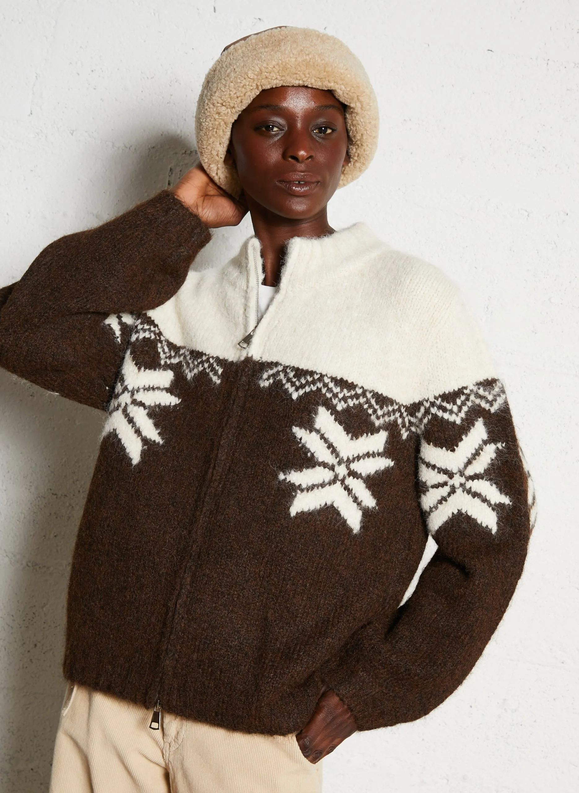 Pull col rond zippé à motifs Marron