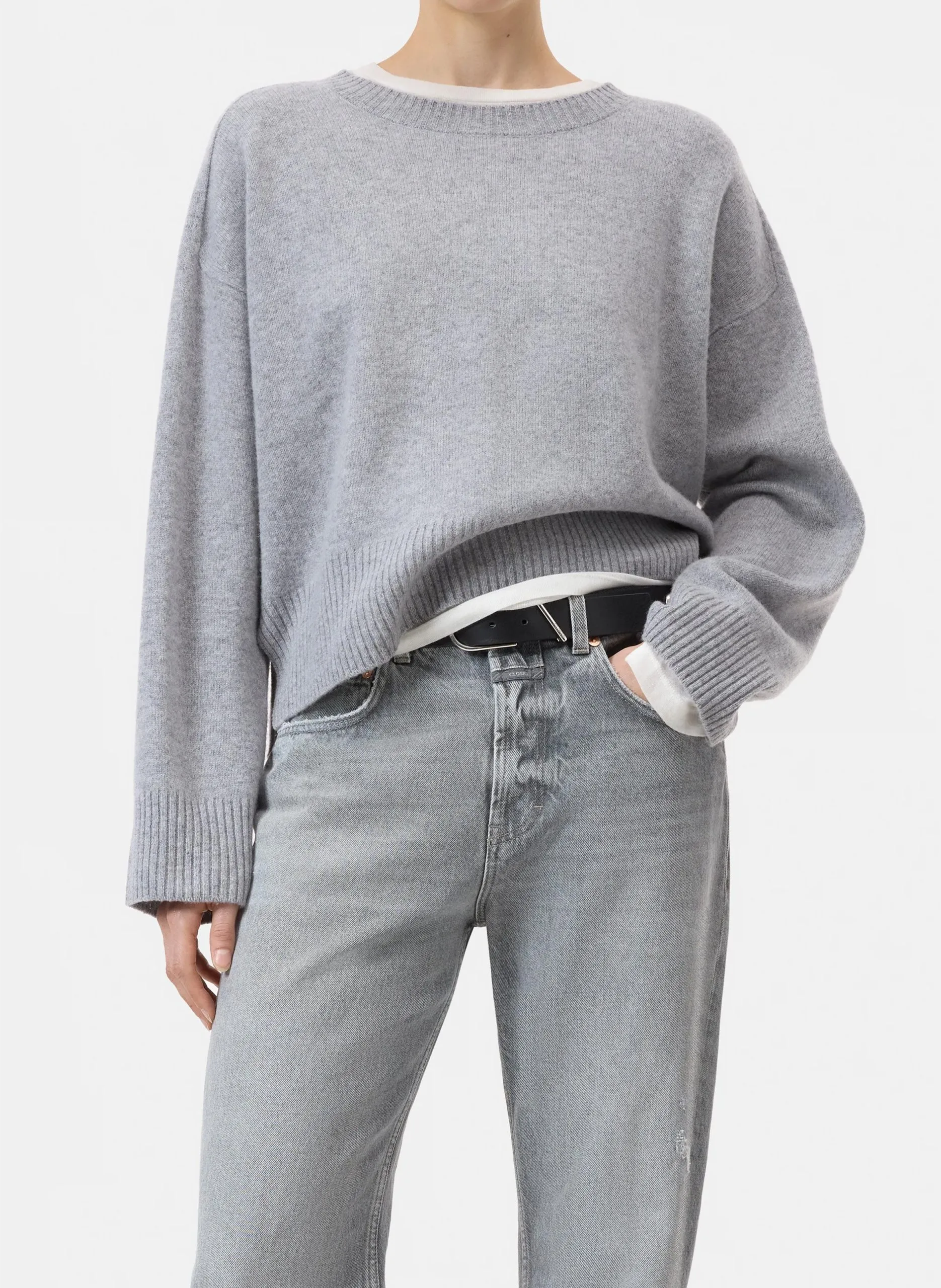 Pull oversize col rond en laine Gris