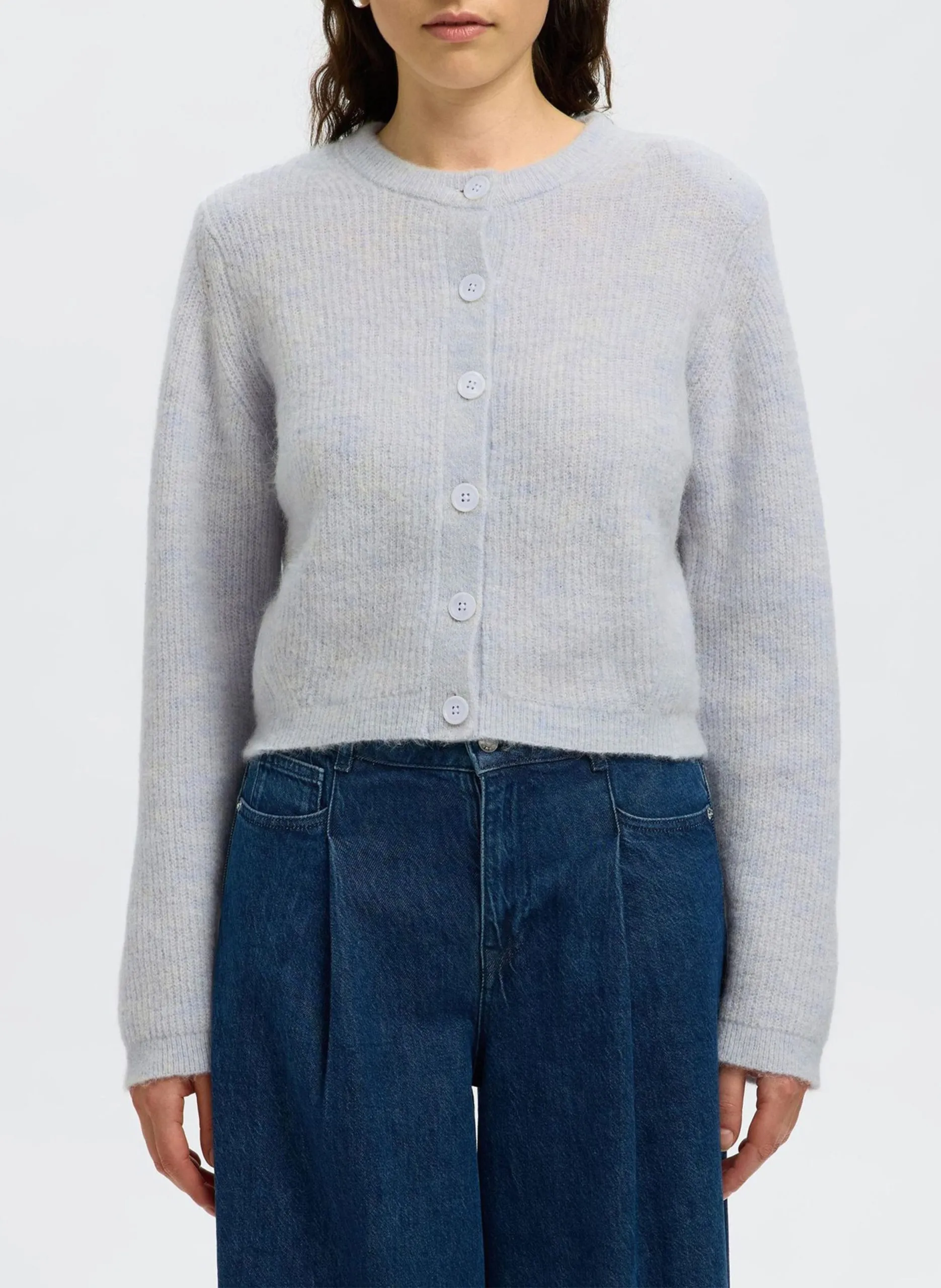 Cardigan droit col rond en laine mélangée Bleu SIA