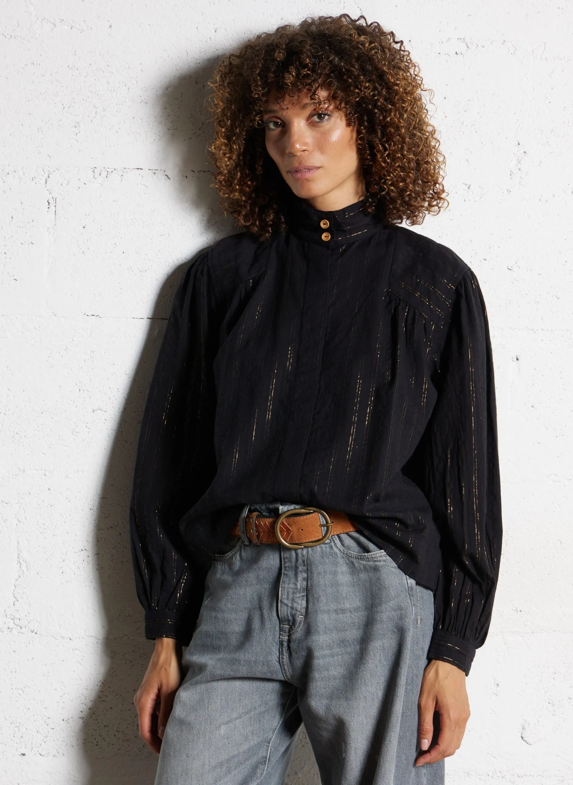 Chemise col rond à rayures Noir CHANA