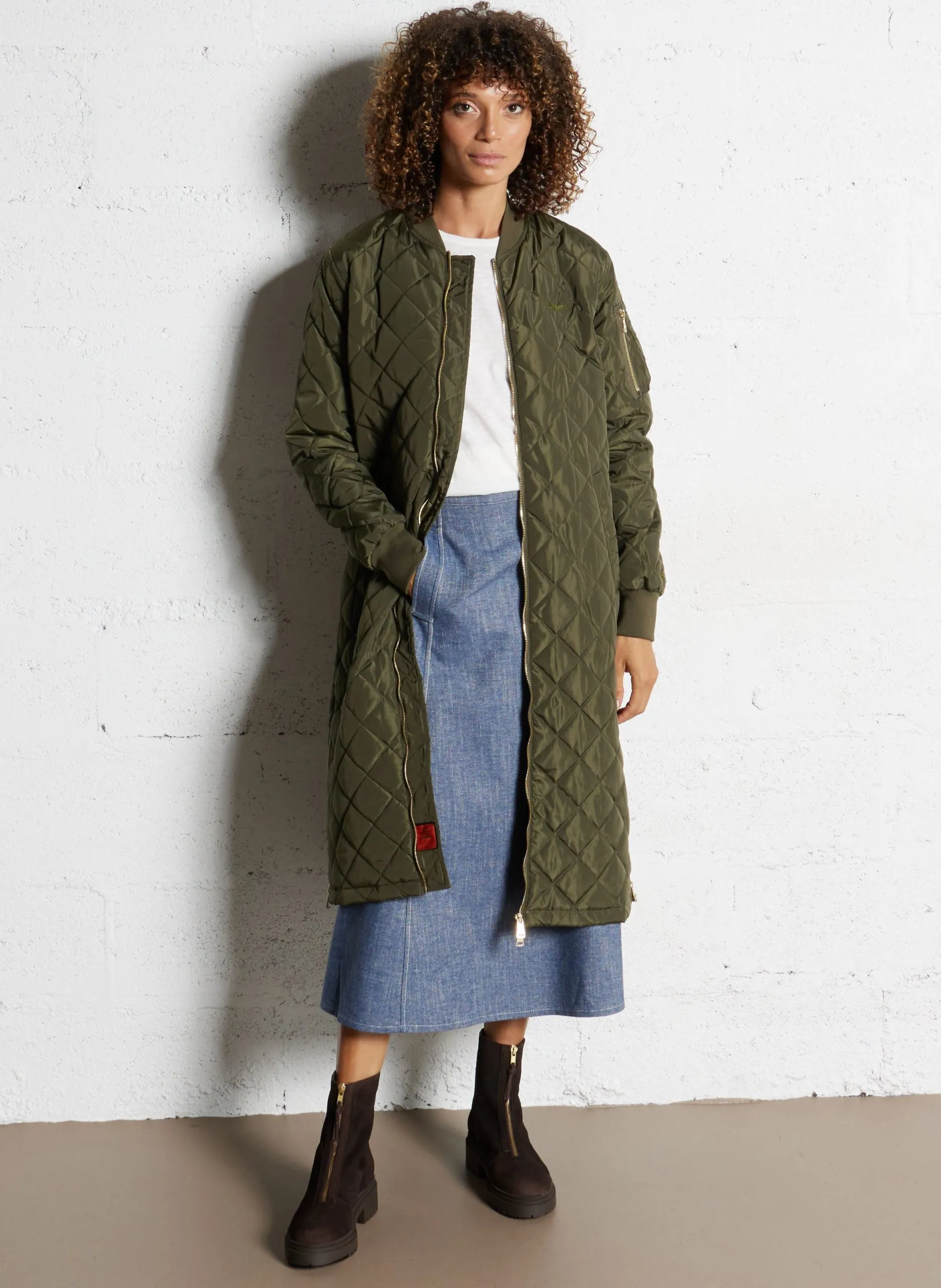 Veste longue matelassée zippée unie Kaki AVON