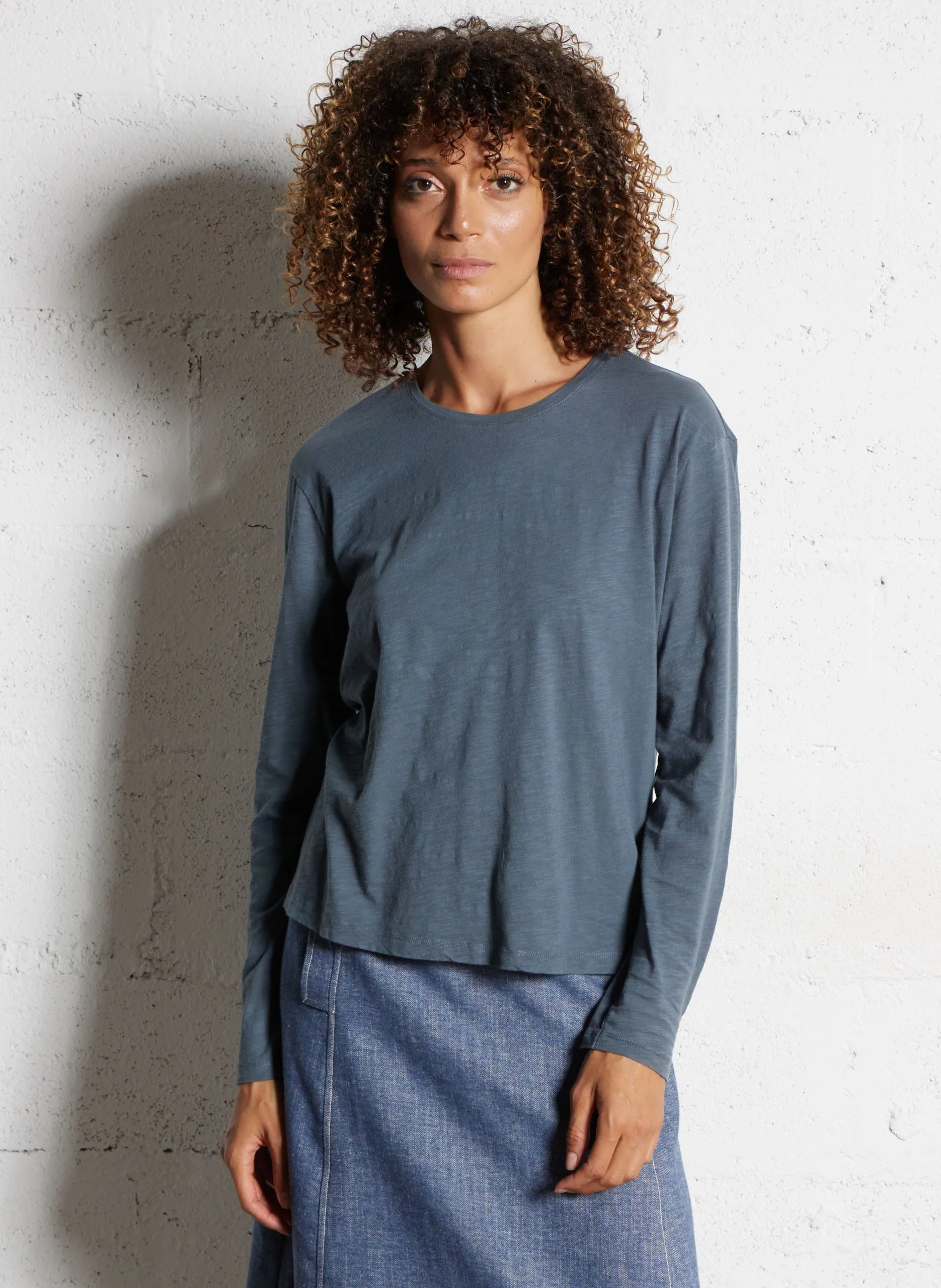 Tee-shirt droit col rond en coton Bleu JULY