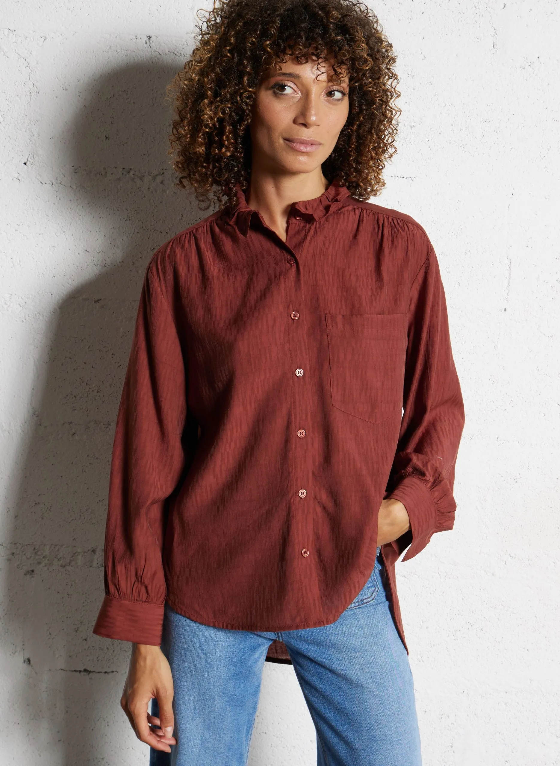 Chemise oversize col mao volanté Prune