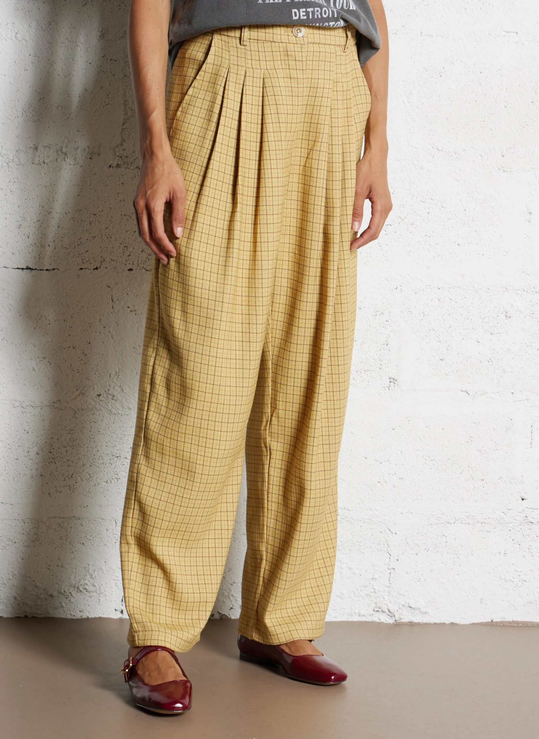 Pantalon large taille haute à carreaux Jaune MRJAMIRO