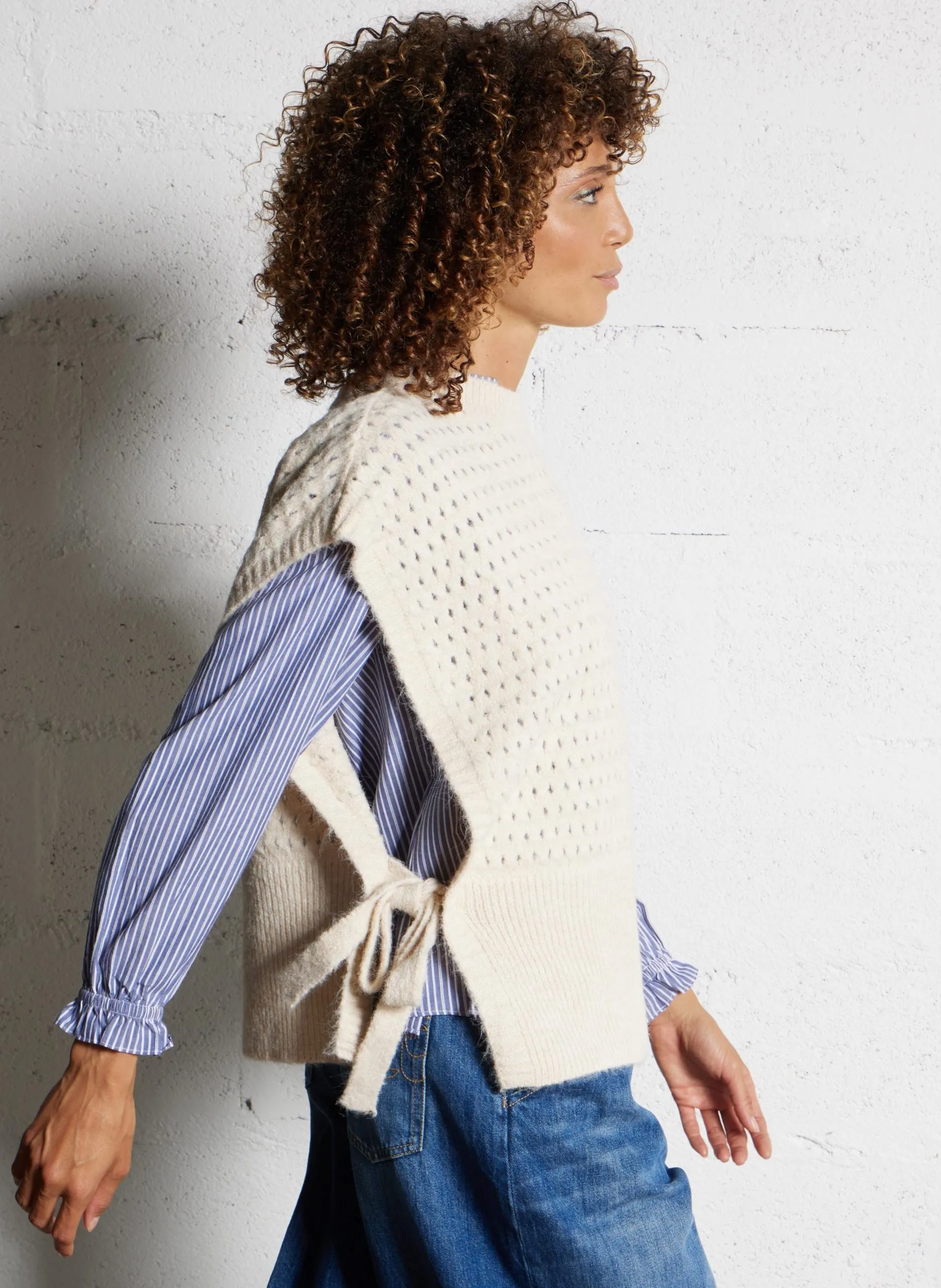 Pull ample col rond Beige