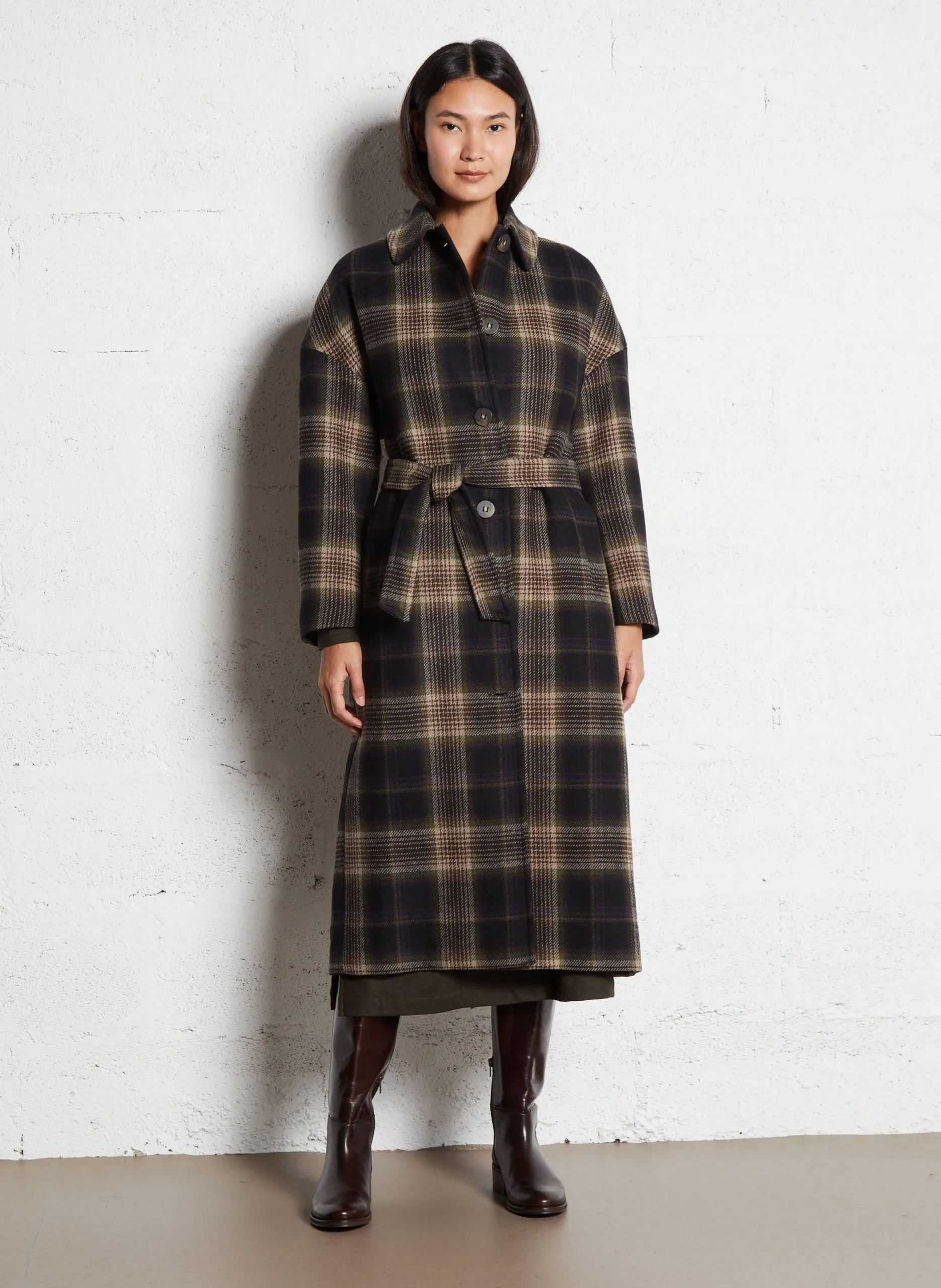 Manteau long col classique à carreaux en laine mélangée Multicolore MINGO