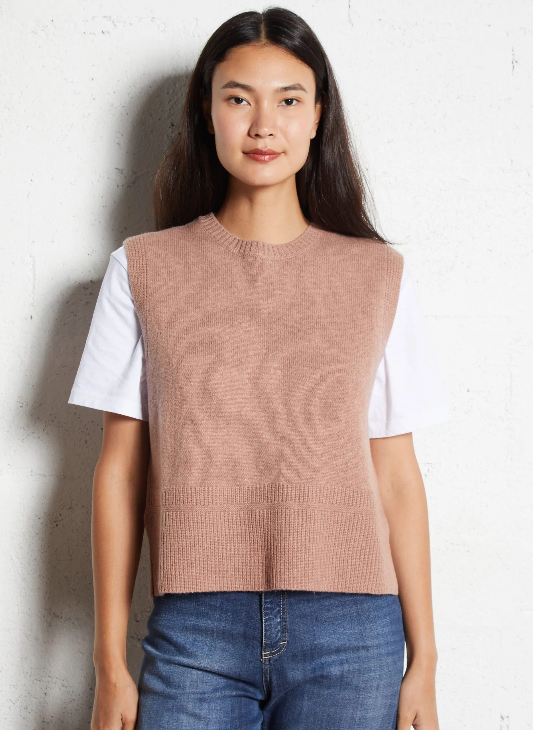 Pull sans manches uni en laine Rose BARCLAY