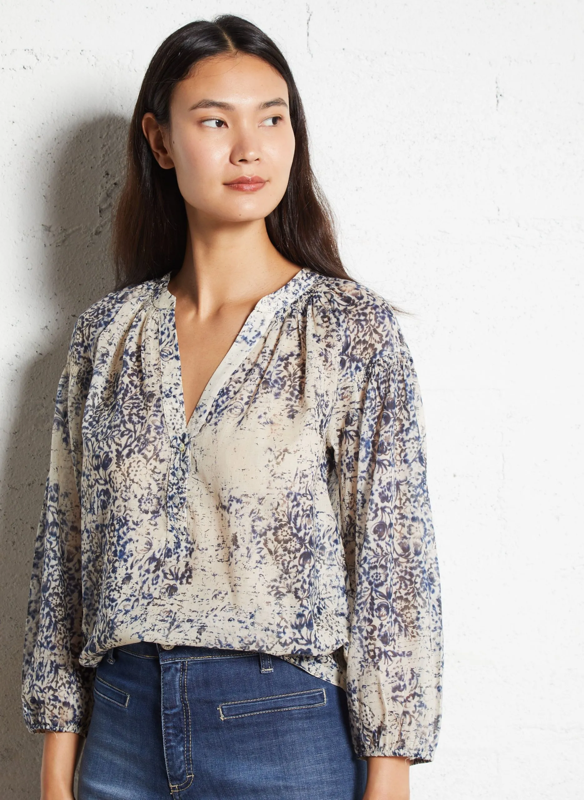Blouse droite en coton imprimé Bleu PRUNE