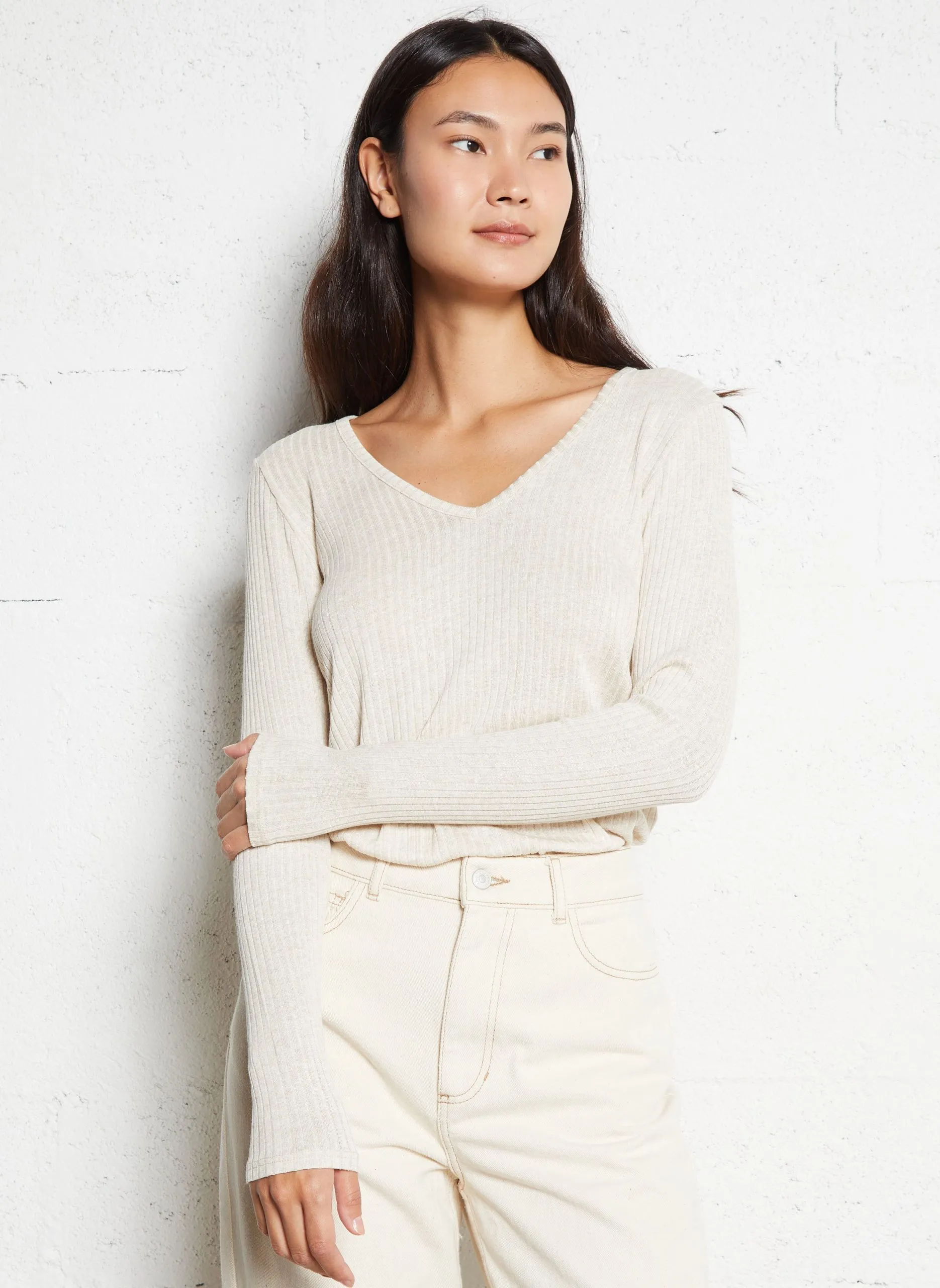 Tee-shirt col V manches longues doux Blanc TINDY