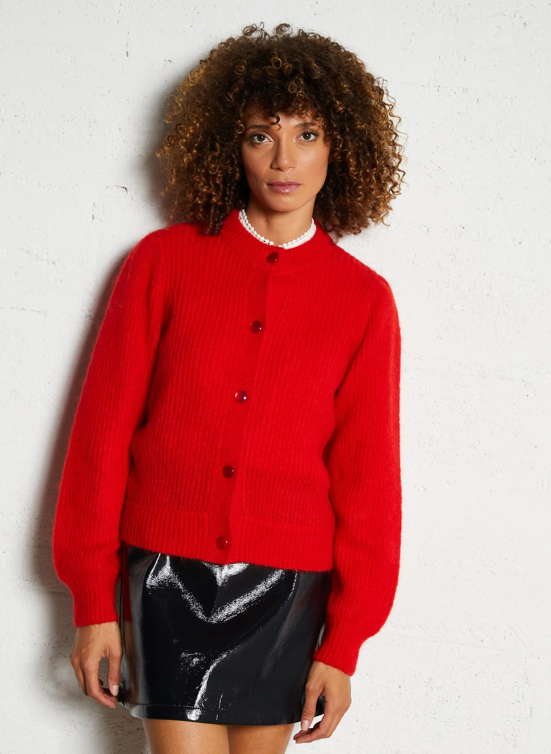 Gilet droit col rond en laine mélangée Rouge MIRABELLE