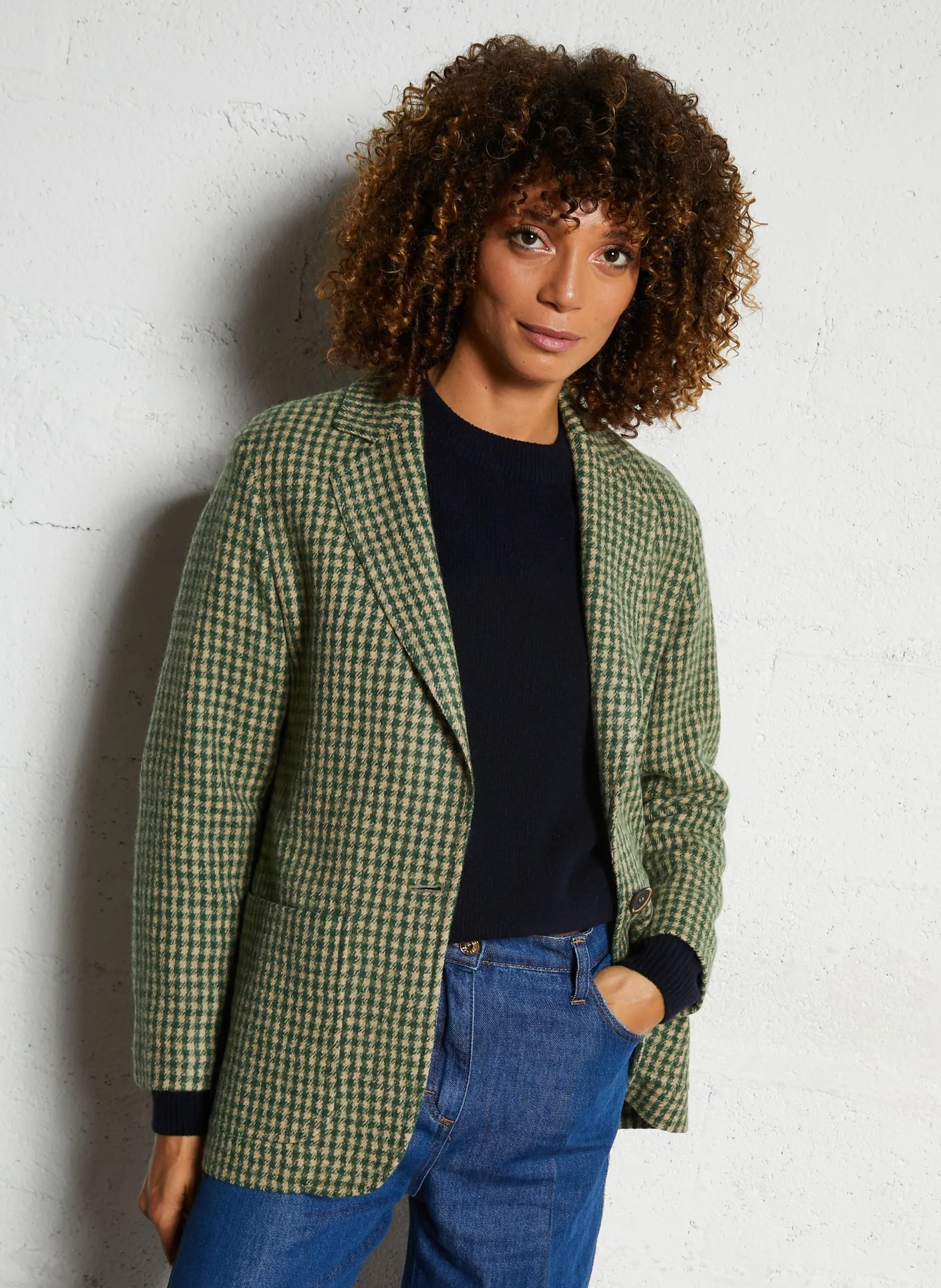 Veste droite col tailleur à carreaux en laine Beige VIRATO