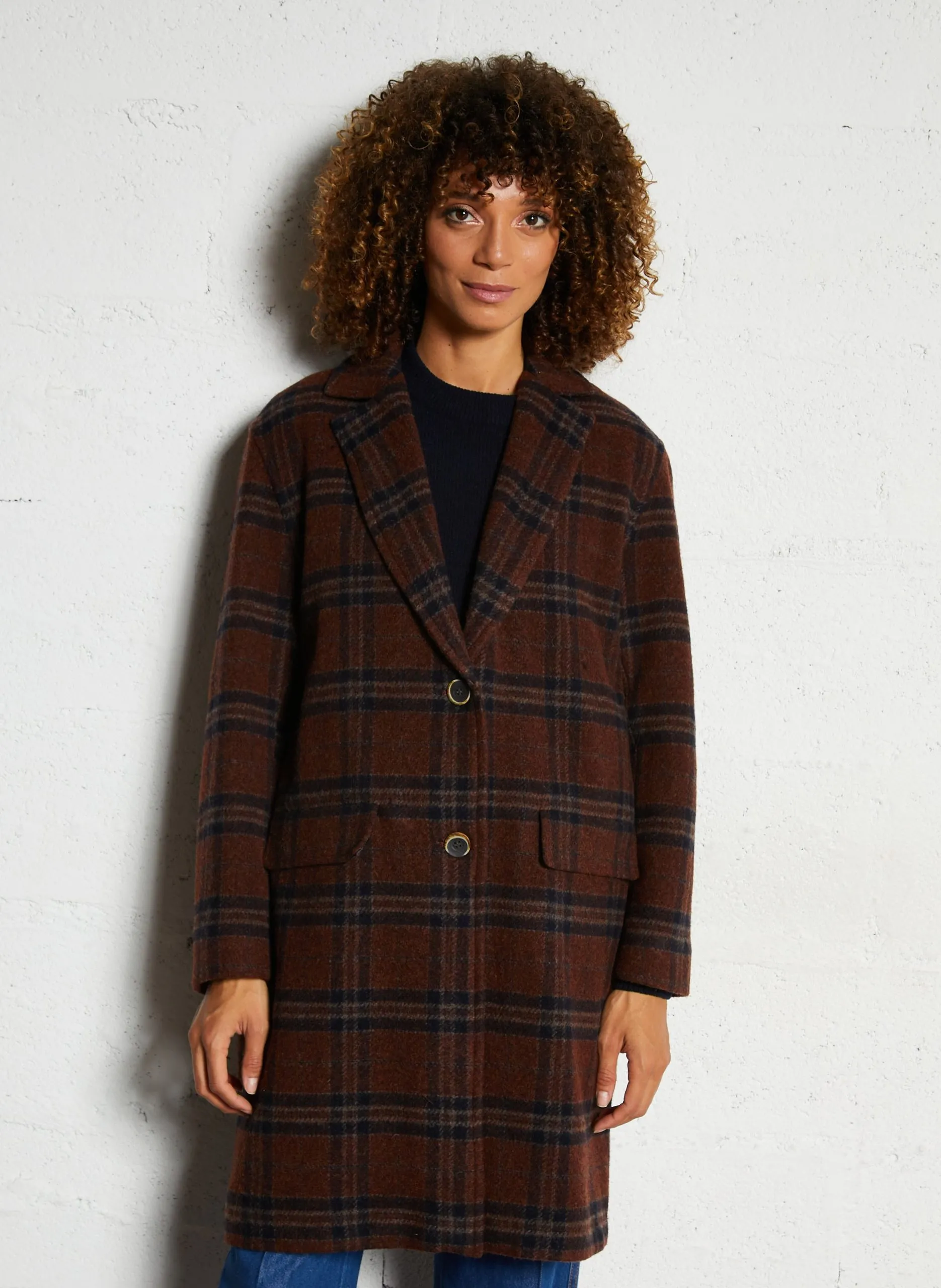 Manteau long col tailleur à carreaux en laine mélangée Rouge MULTIO