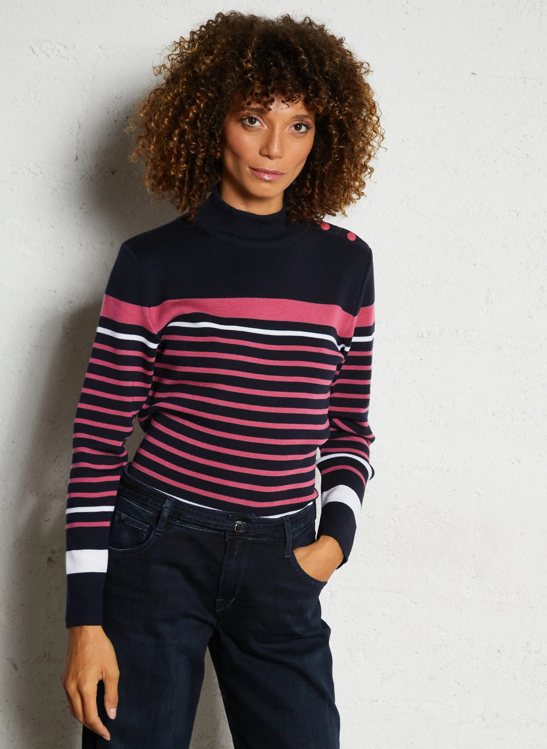 Pull marin col montant en laine Bleu