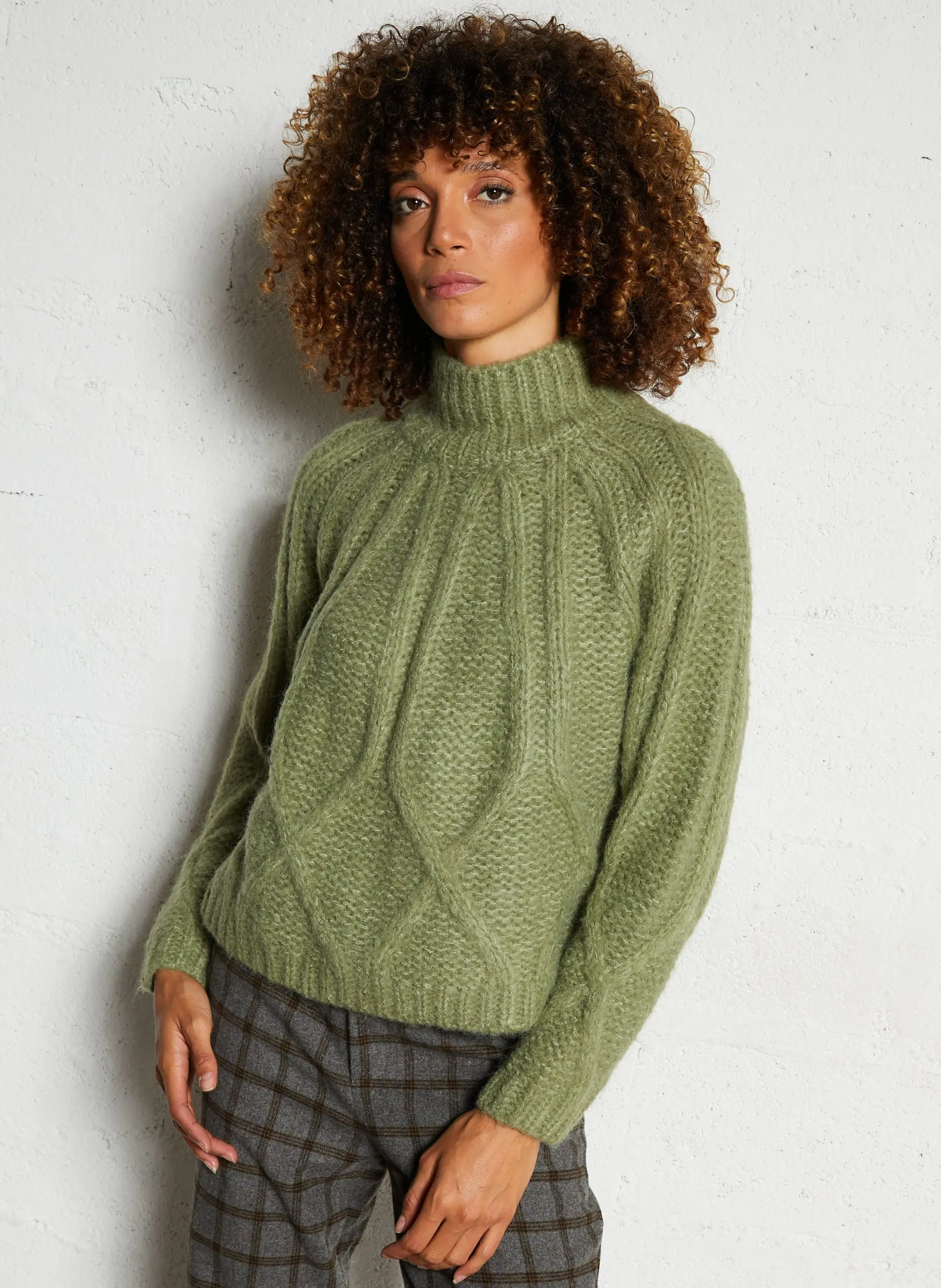 Pull col montant en maille fantaisie Vert