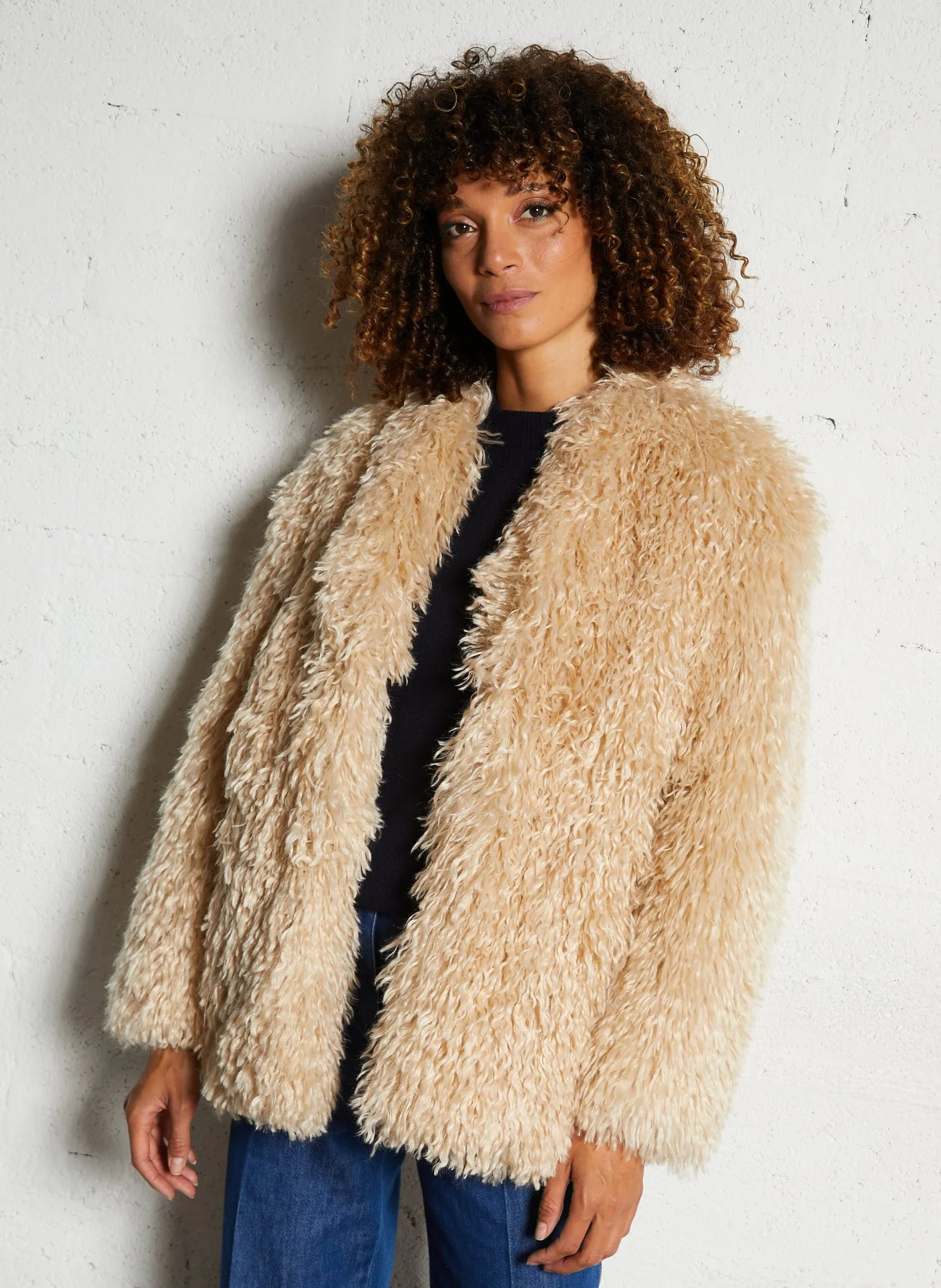 Veste col v en fausse fourrure Beige CHLOE