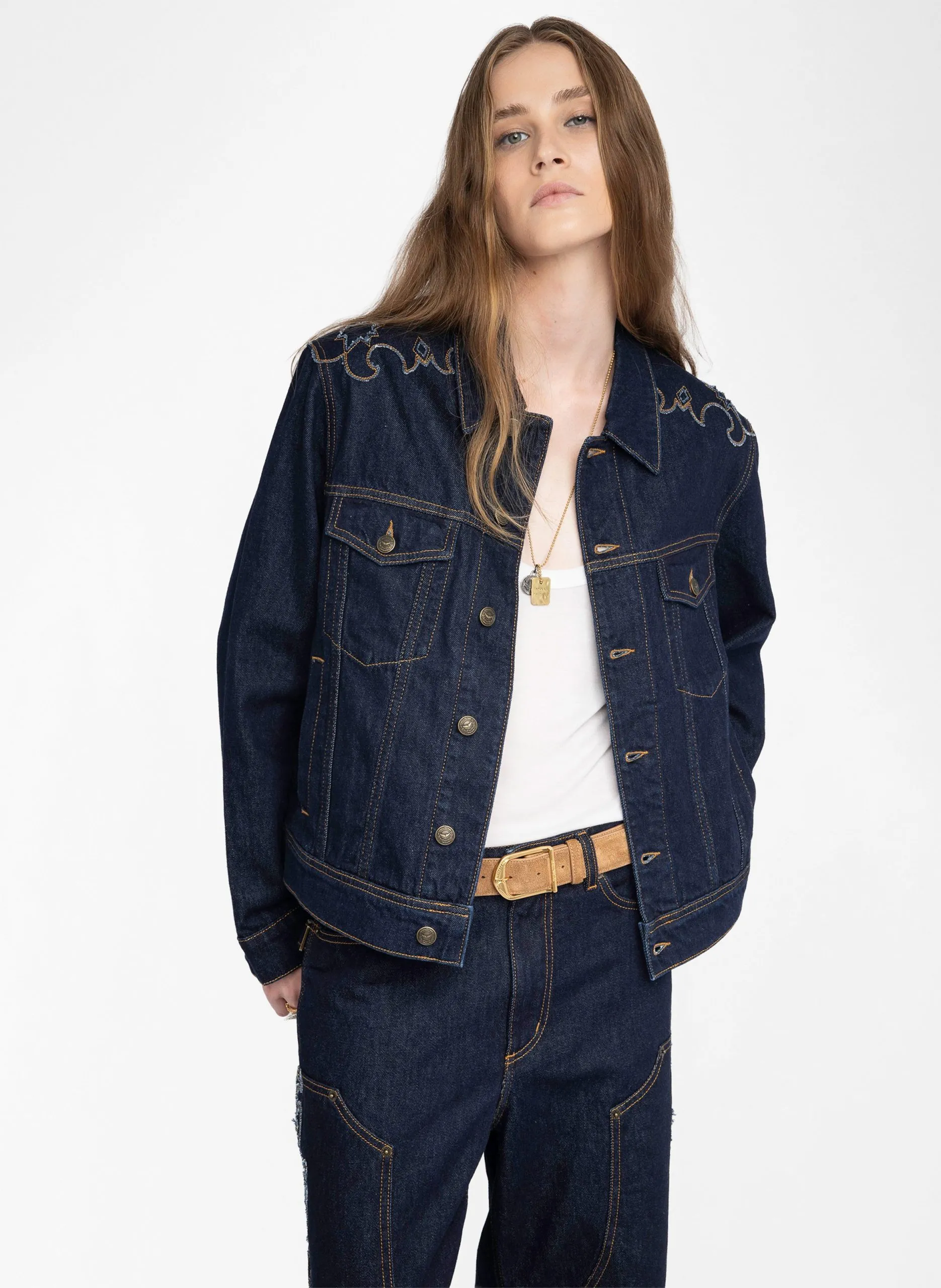 Veste col classique en denim de coton Bleu BASES