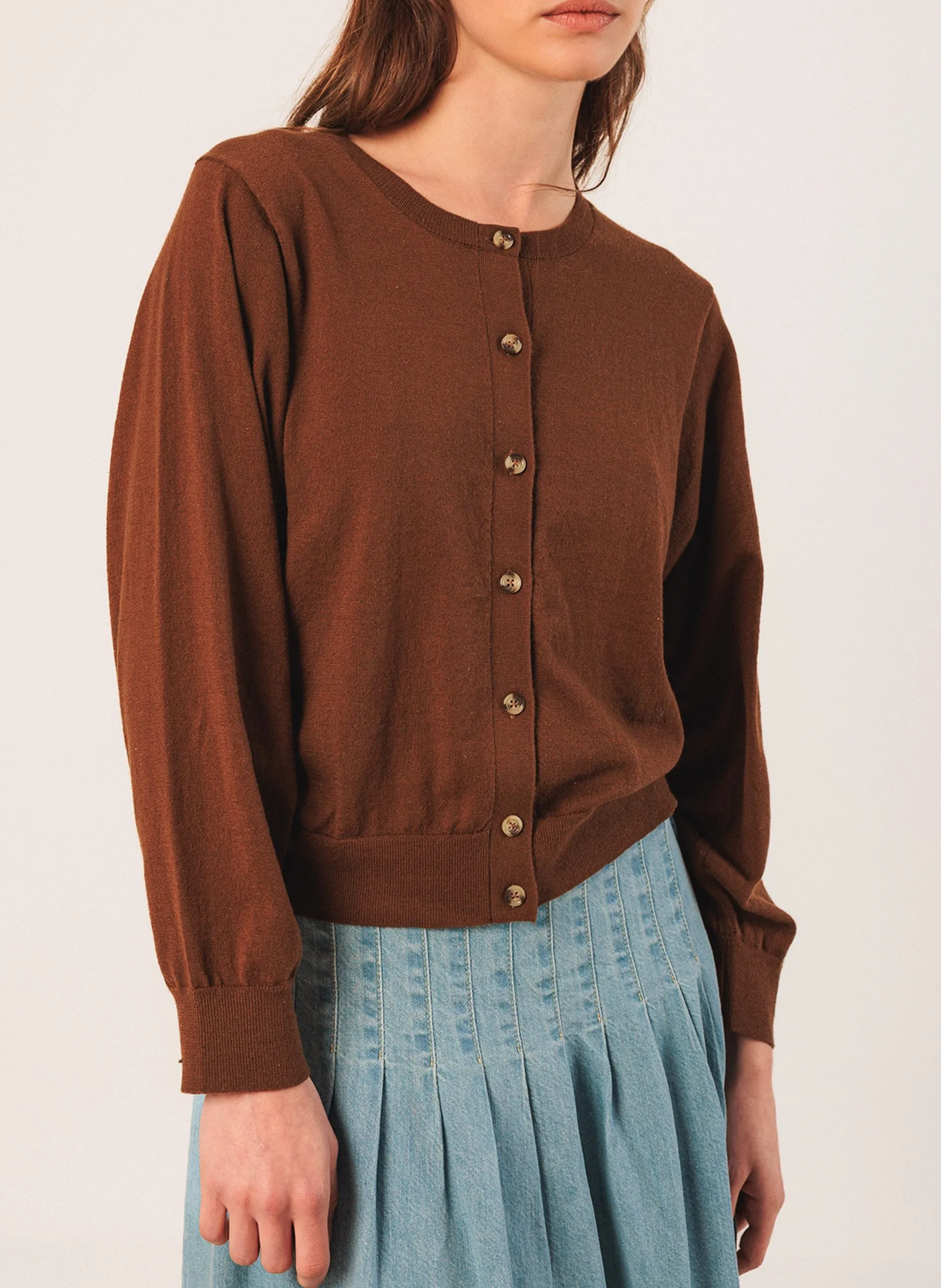 Gilet col rond en coton bio mélangé Marron LYNN