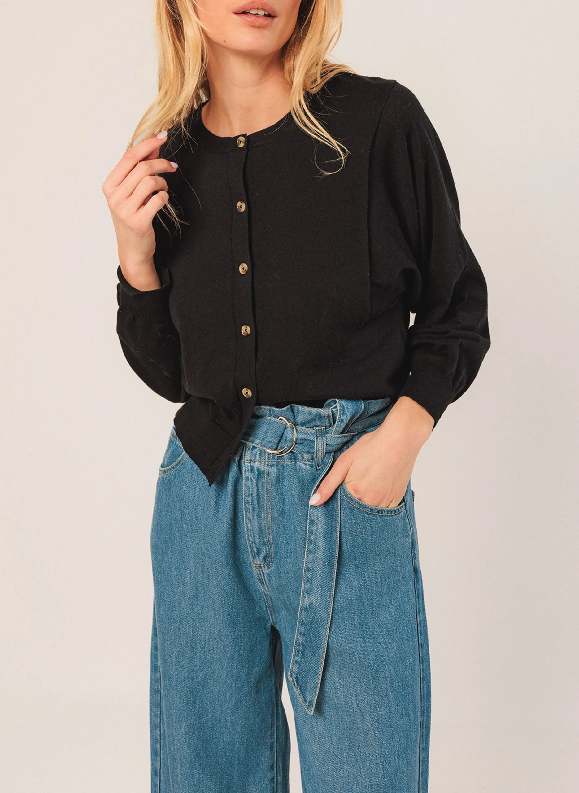 Gilet col rond en coton bio mélangé Noir LYNN