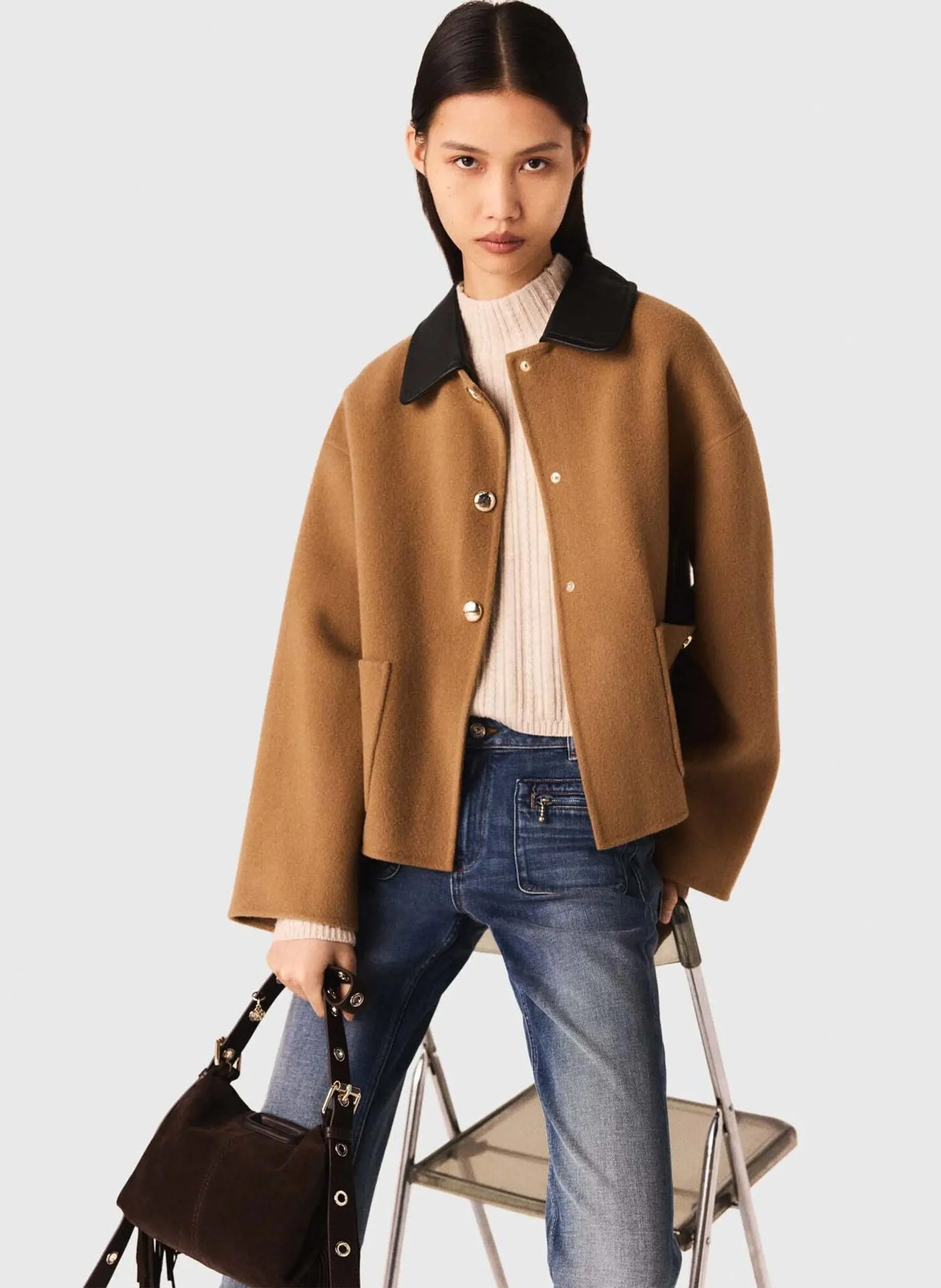 Manteau droit en laine mélangée Marron