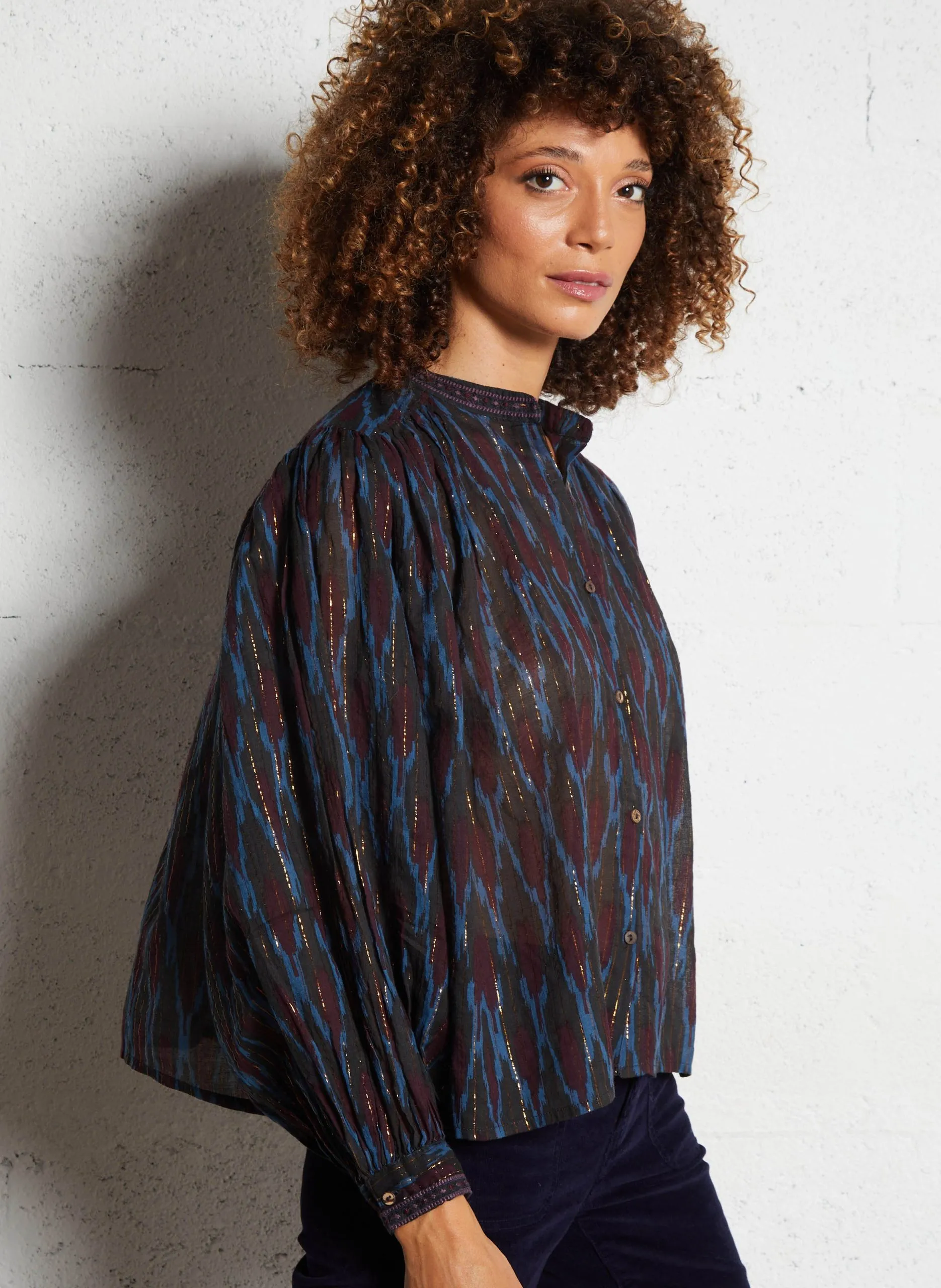 Blouse col rond rayée en coton mélangé Bleu FIREWORK GIORGIA