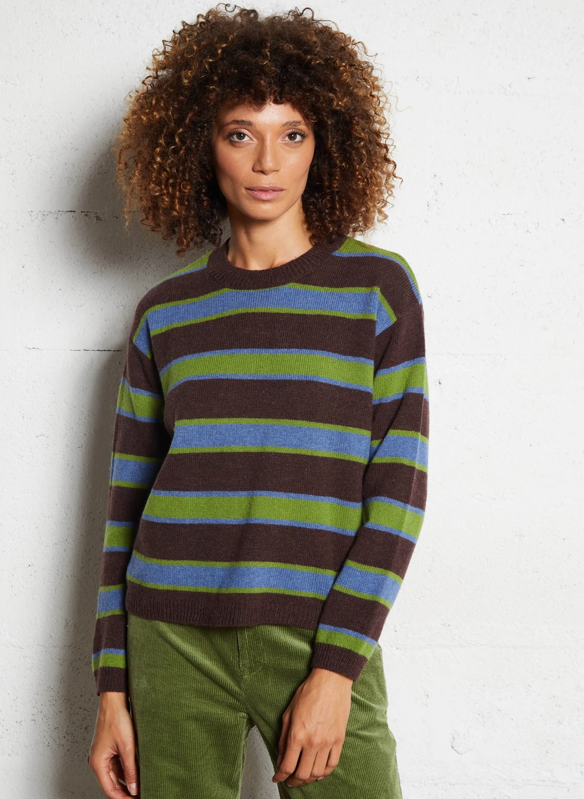 Pull oversize col rond rayé en laine mélangée Marron