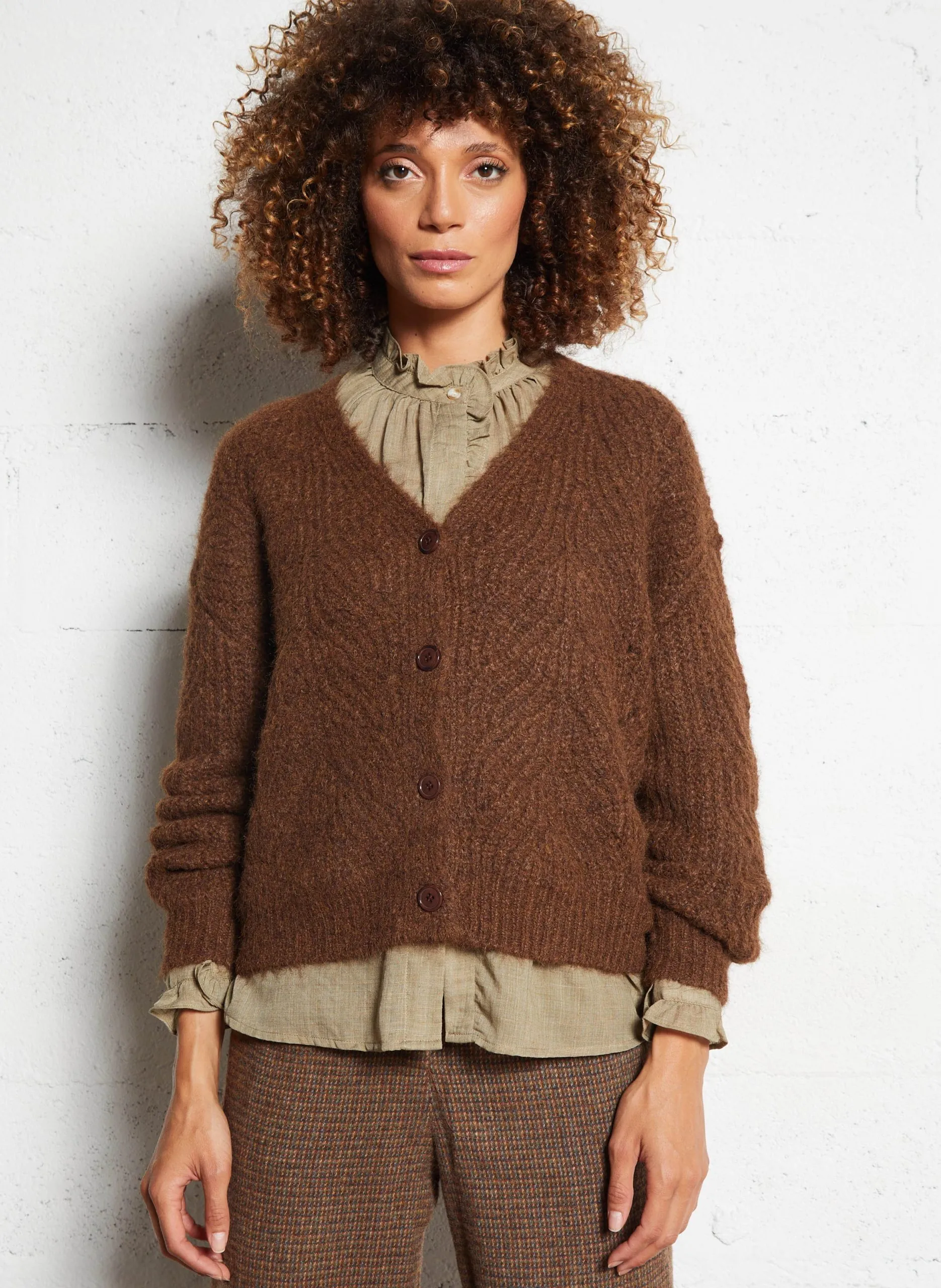 Cardigan ample col V en maille ajourée Marron