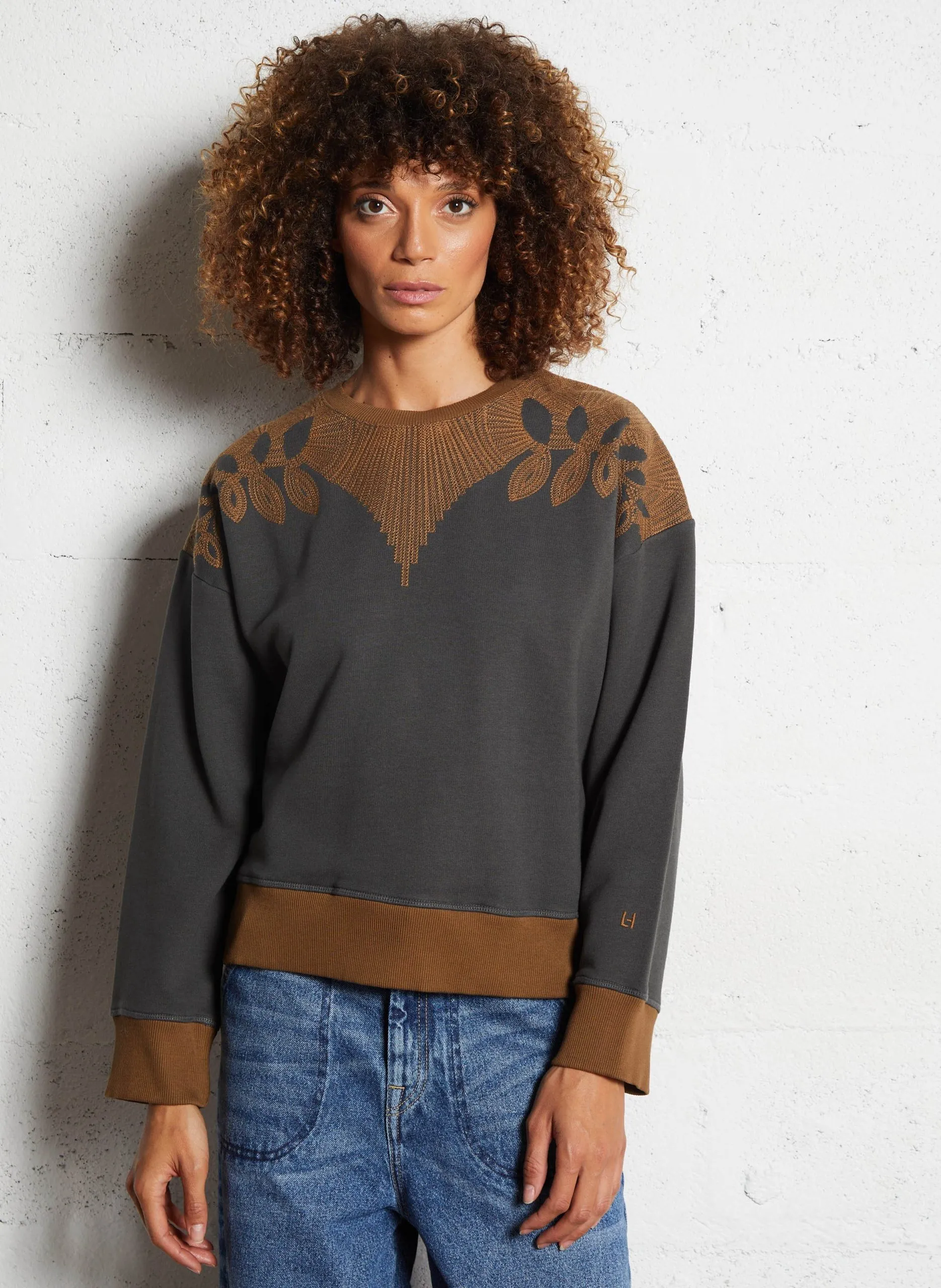 Sweat col rond en coton mélangé Gris SIENA