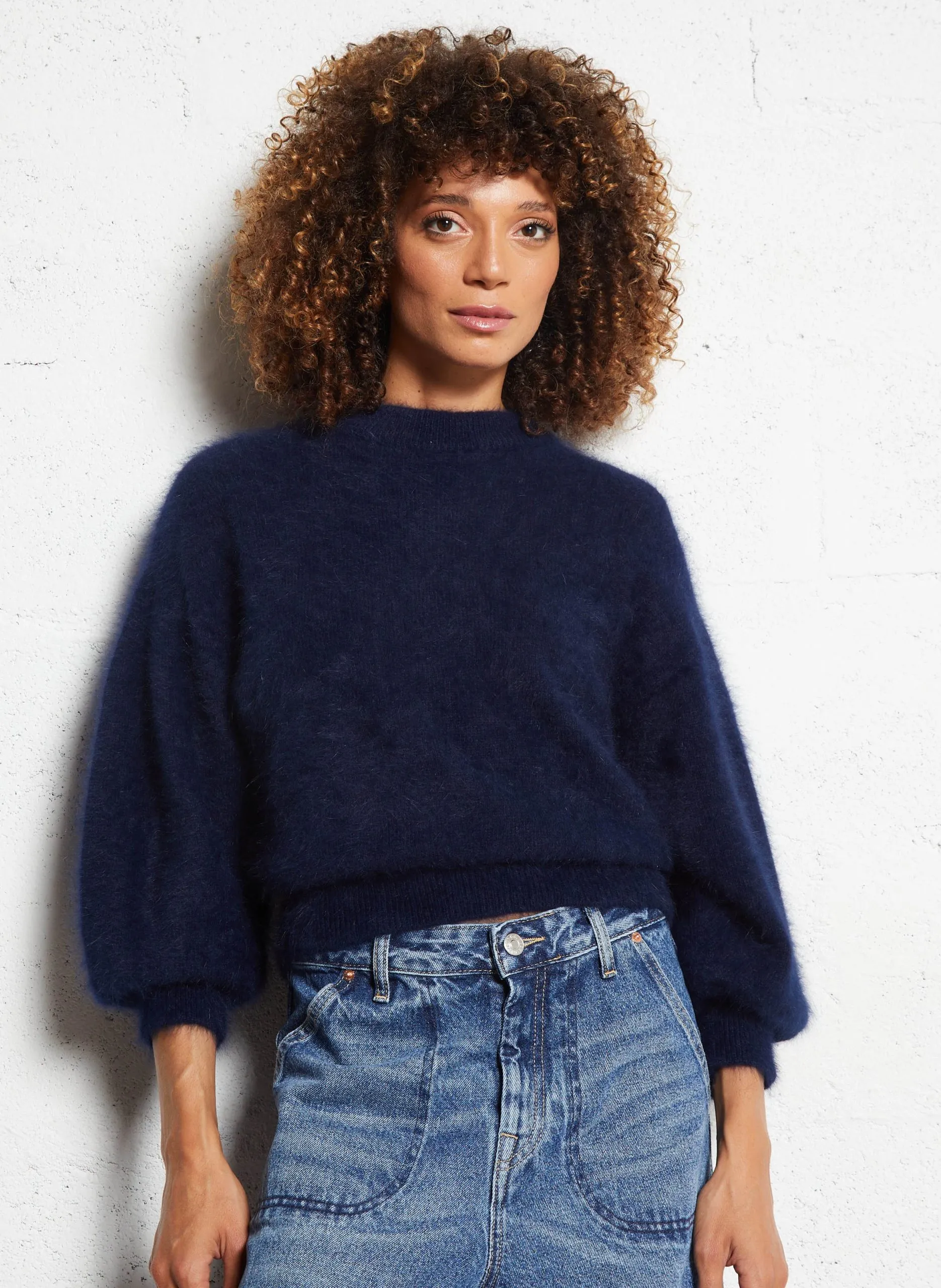 Pull ample col rond en angora mélangé Bleu DATEKA