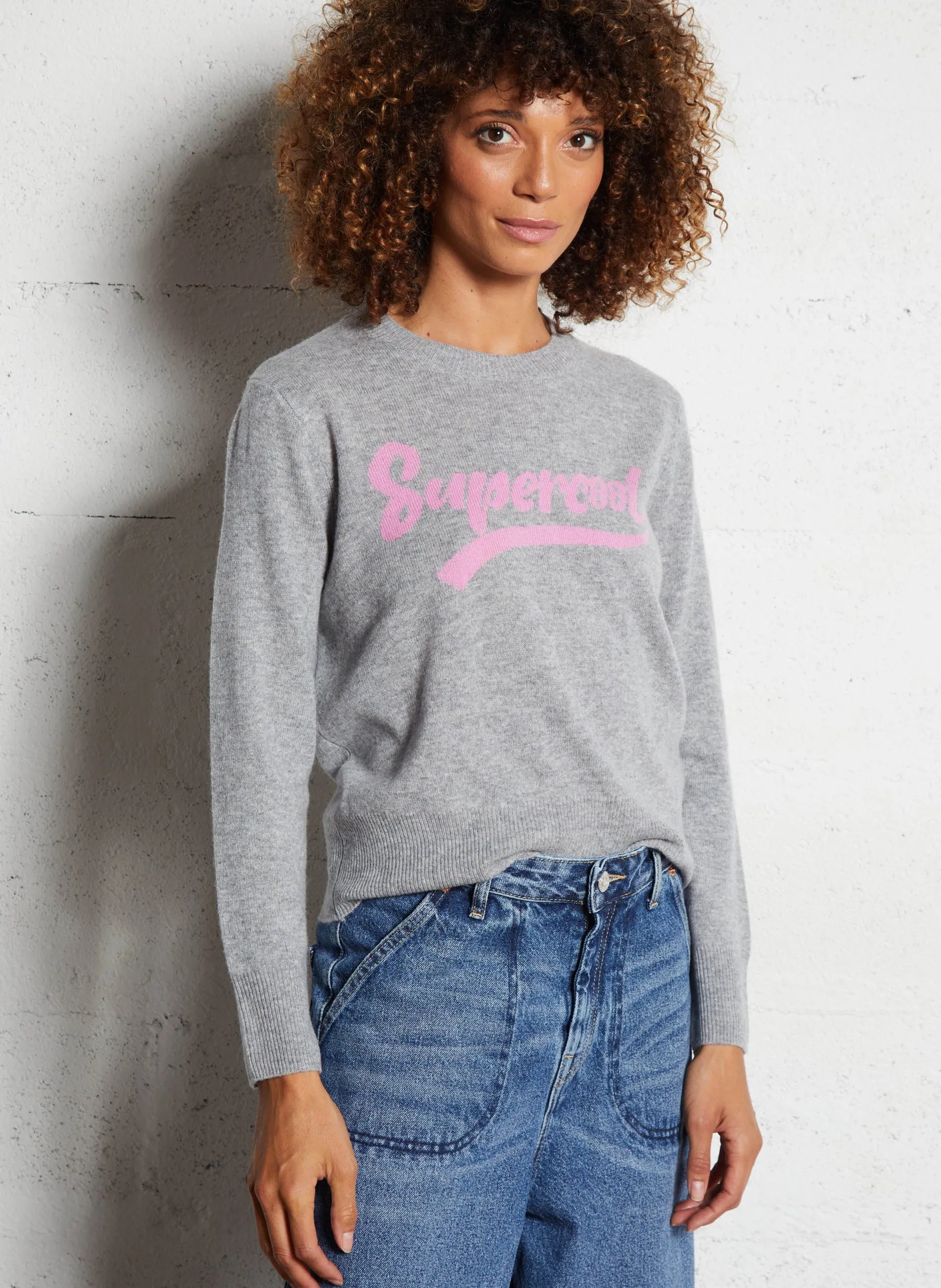 Pull ample col rond jacquard en laine et cachemire Gris MARIESE