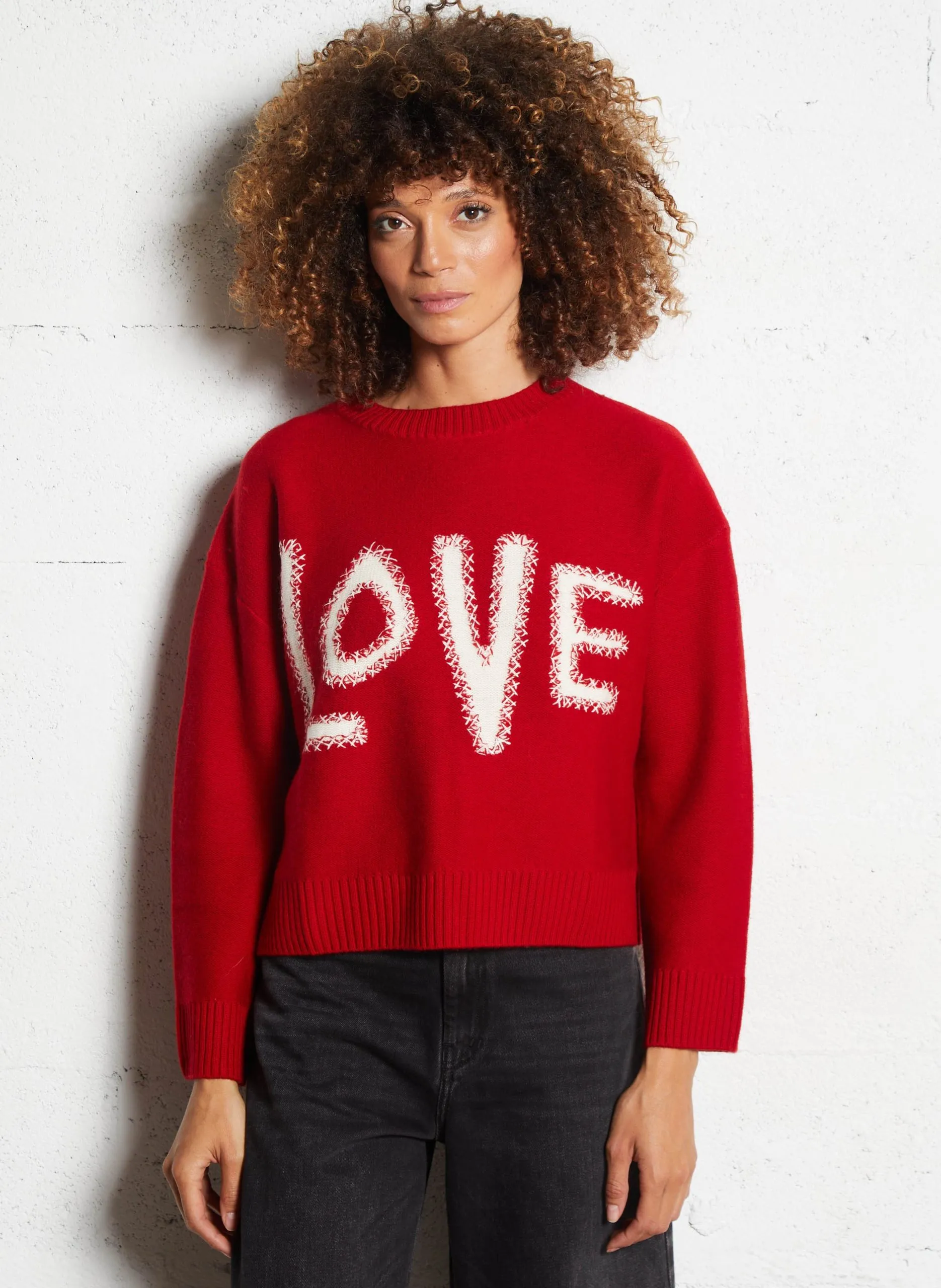Pull ample col rond jacquard en laine Rouge MYCOOLOVER