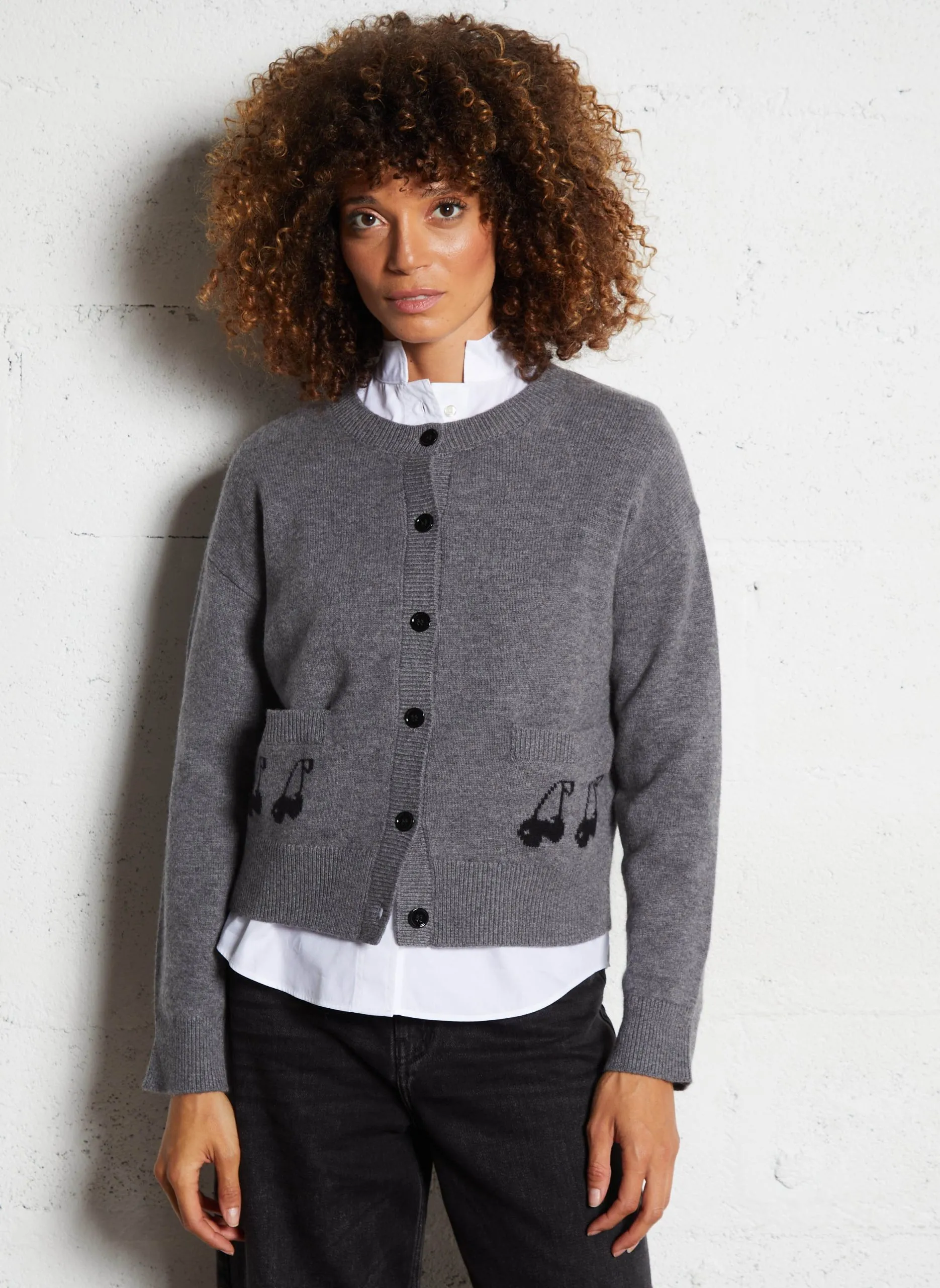 Gilet ample col rond jacquard en laine Gris MYCHERRY