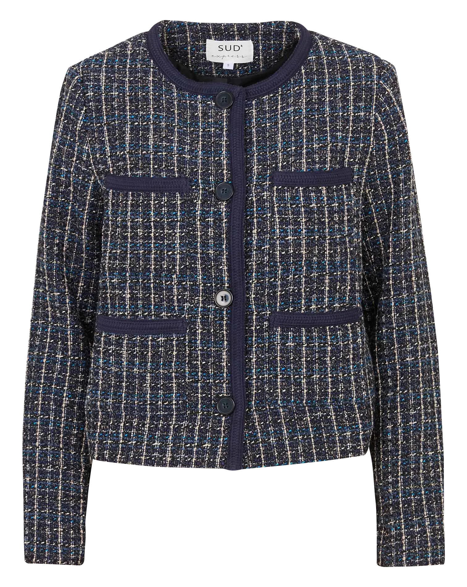 Veste col rond boutonnée en tweed Bleu VITEZA