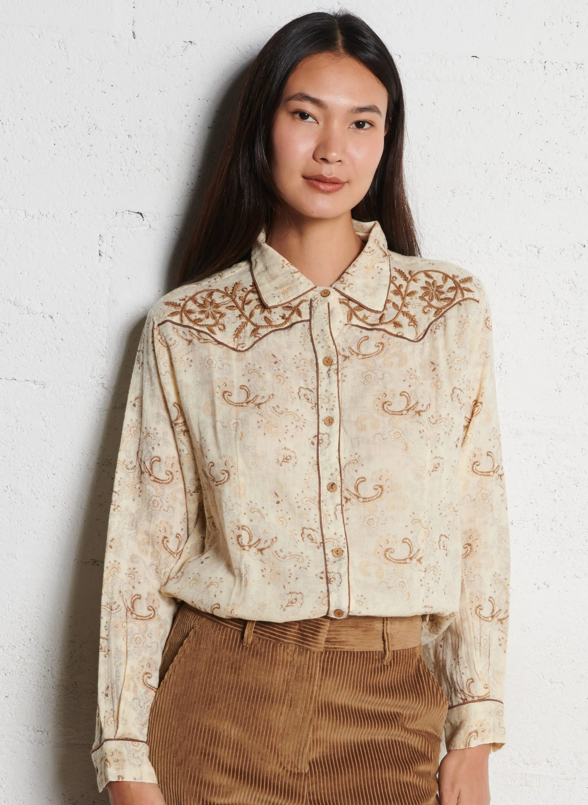 Blouse col rond imprimée en coton Beige GOLDEN COWBOY JOLENE