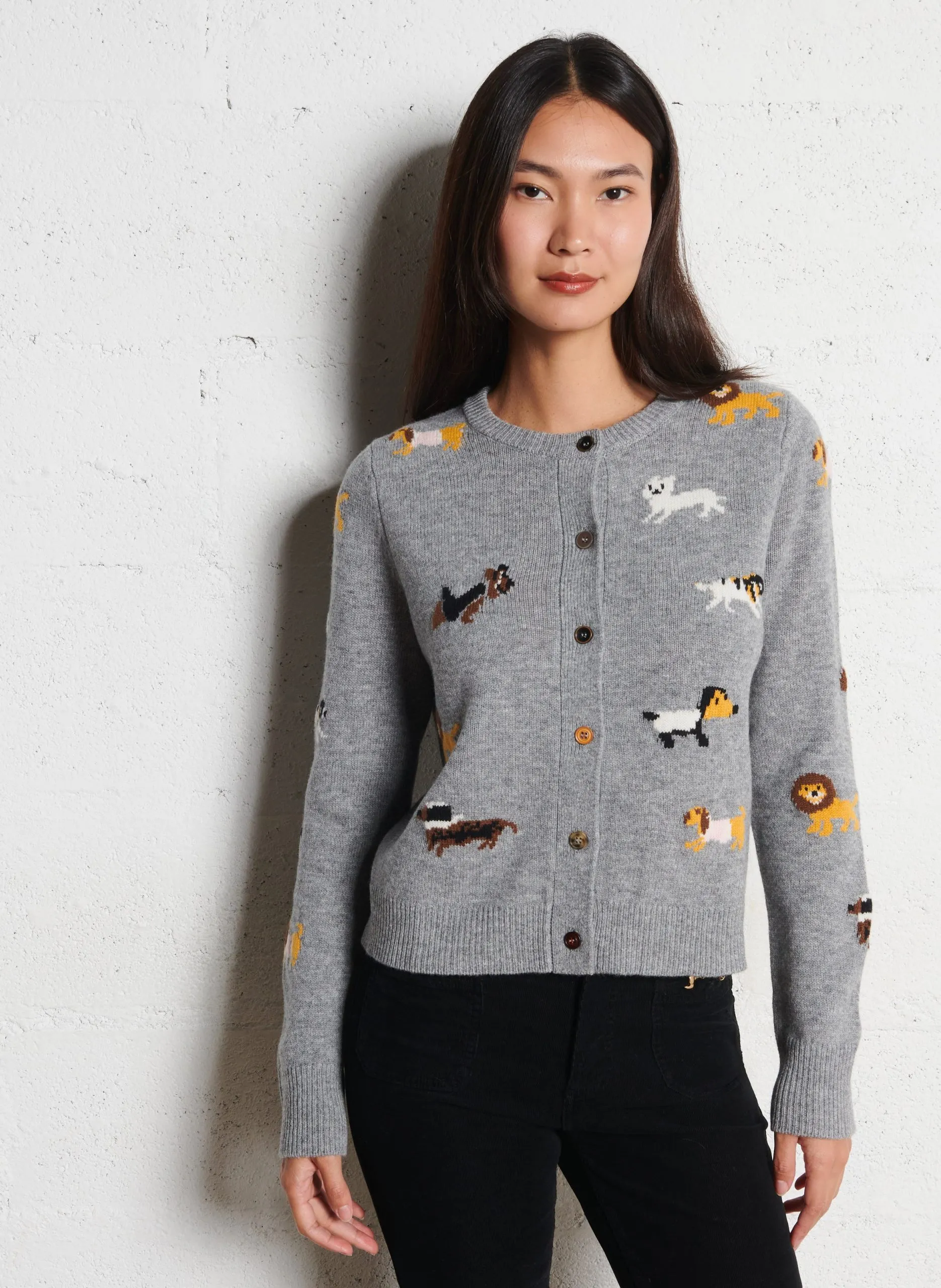 Gilet droit col rond jacquard en laine mérinos Gris MYANIMALS