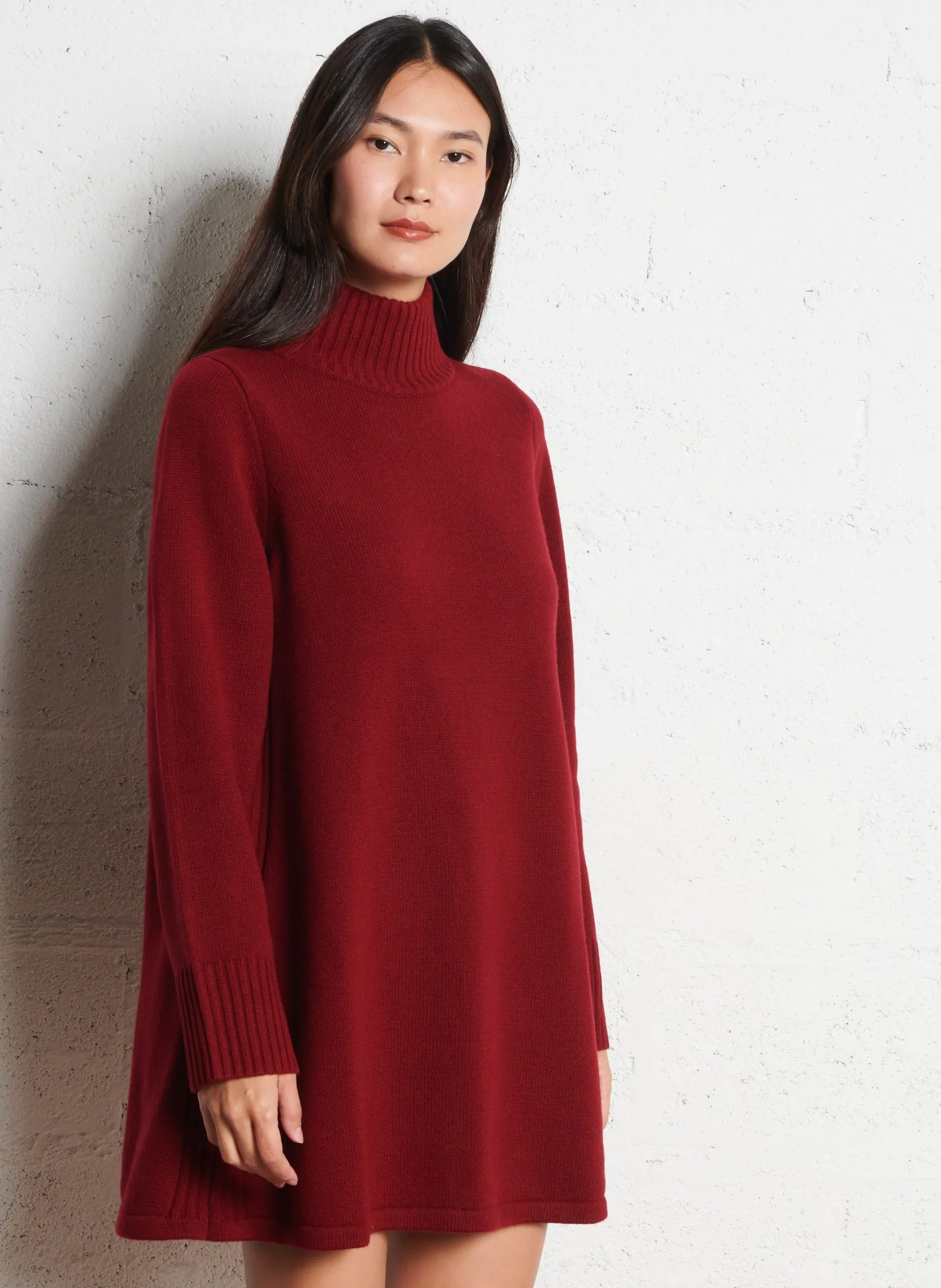 Robe courte col montant en laine mérinos Rouge ROXANE