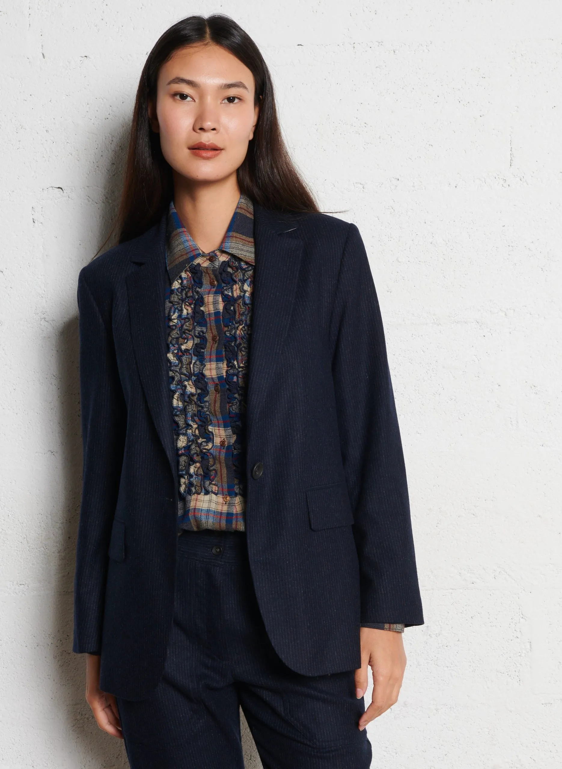 Veste droite col tailleur rayée en laine mélangée Bleu VOUZIETINO