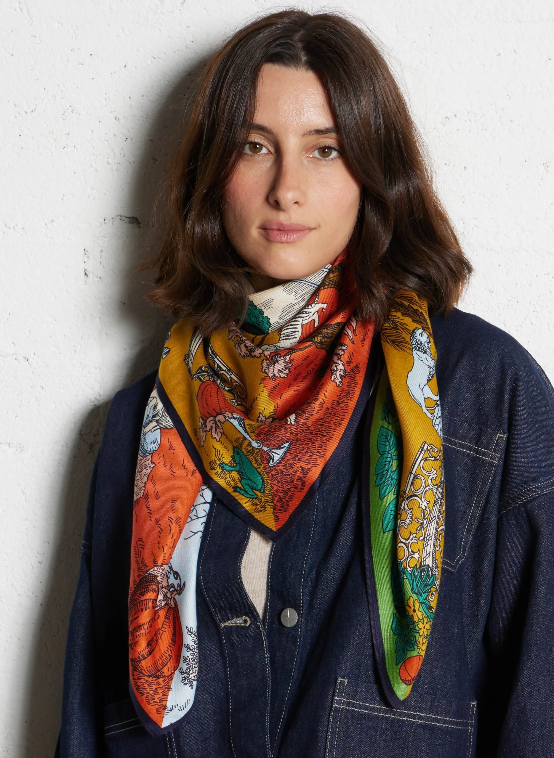 Foulard en soie mélangée imprimé Beige QUATRE SAISONS