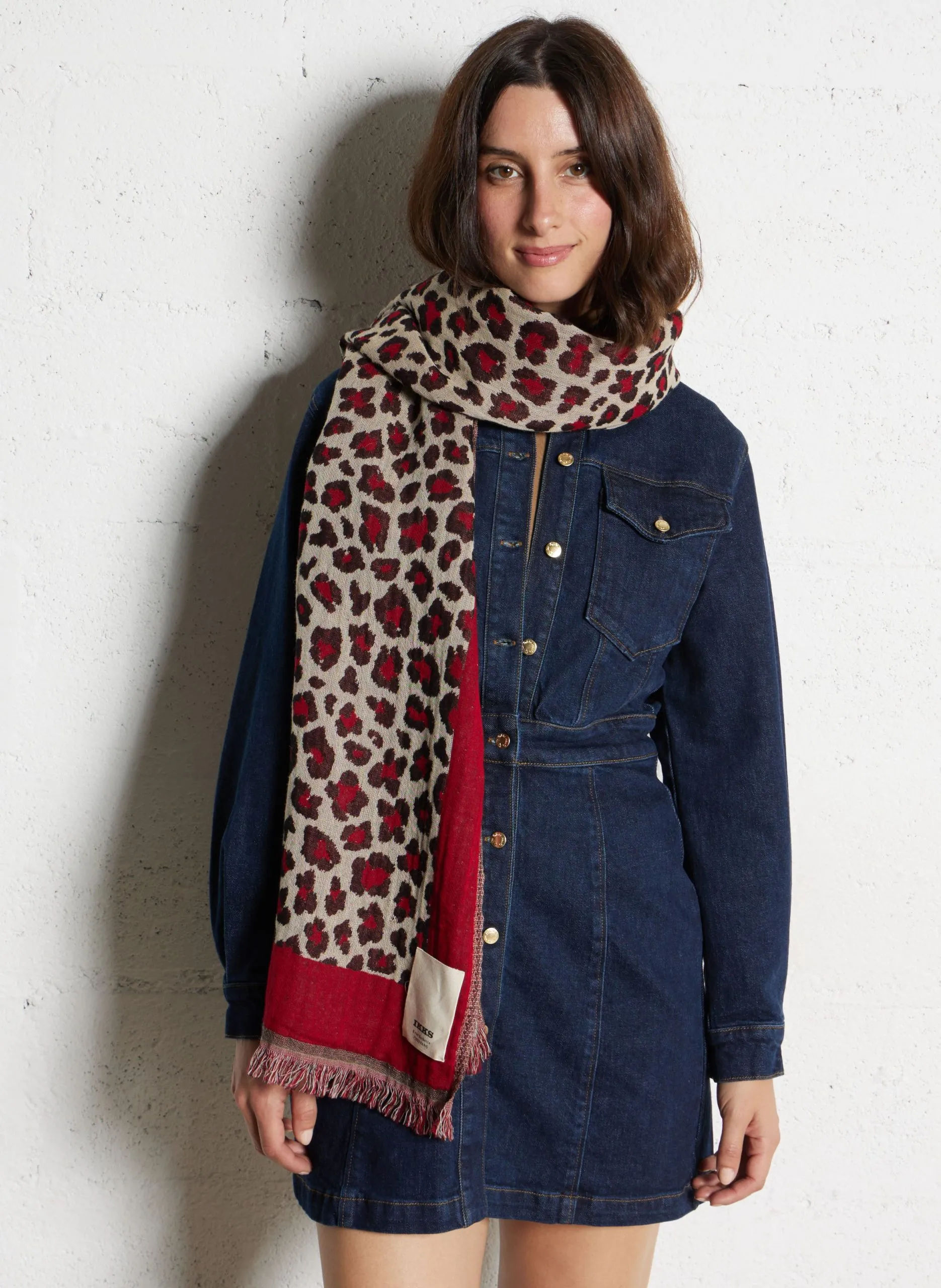 Foulard jacquard léopard en coton mélangé Rouge