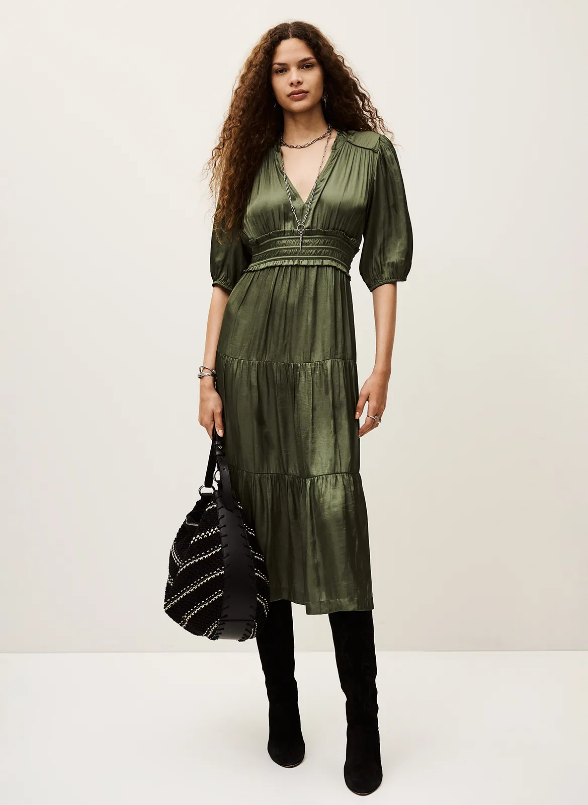 Robe longue froncée col tunisien en satin Kaki CLELI