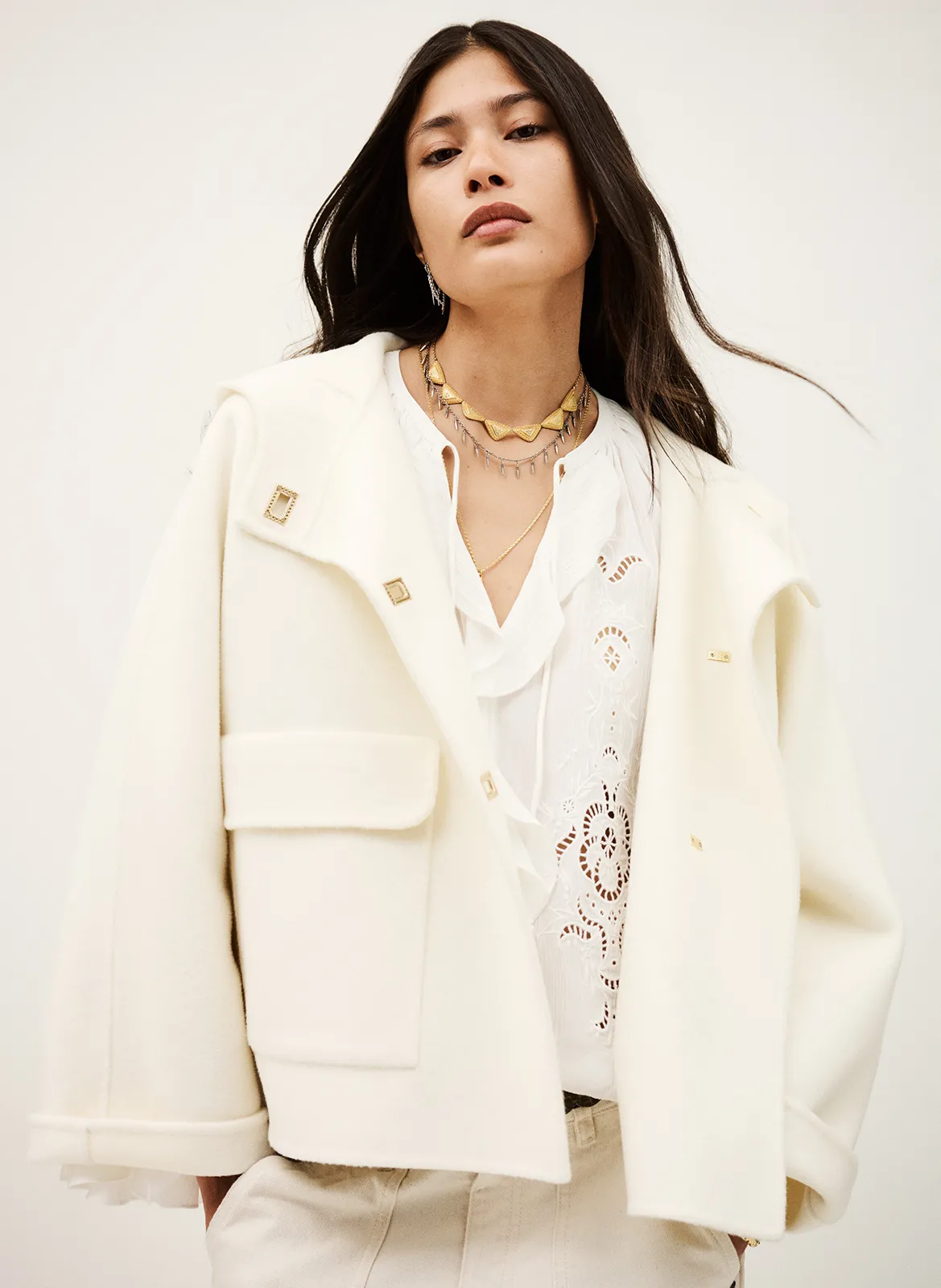 Manteau court à capuche en laine Beige KOVE