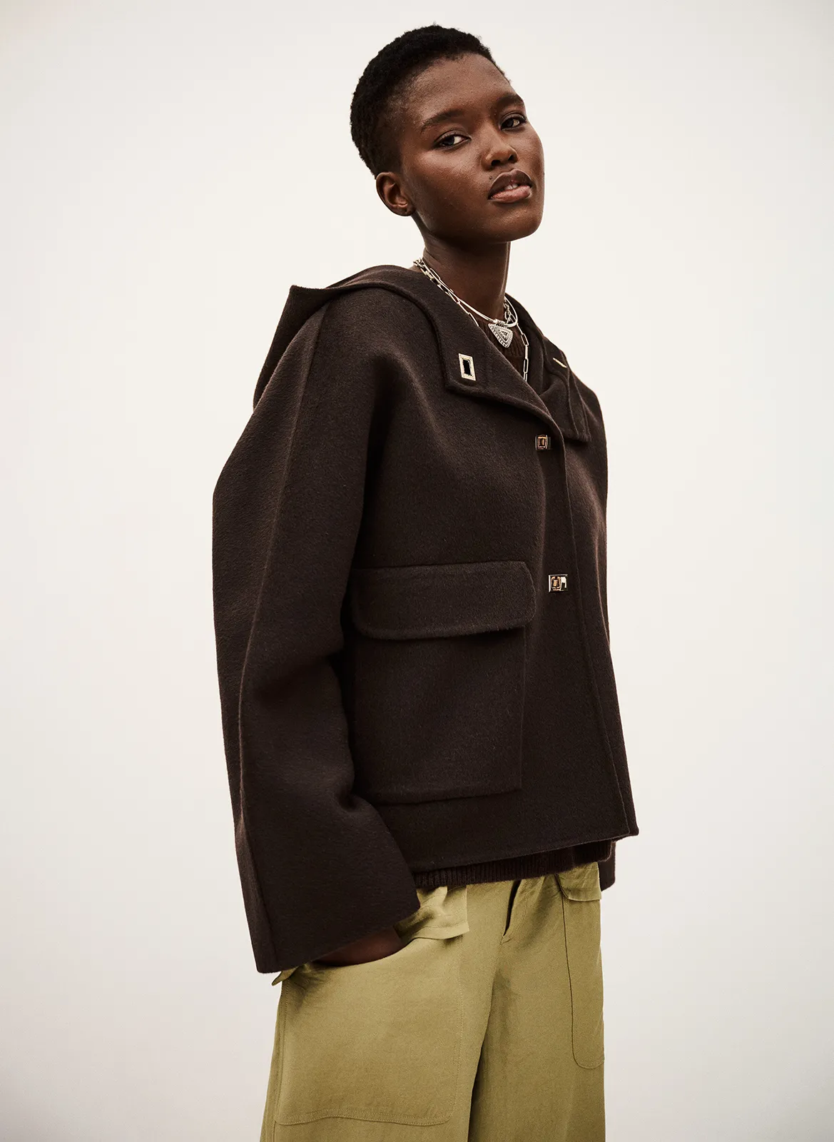 Manteau court à capuche en laine Marron KOVE