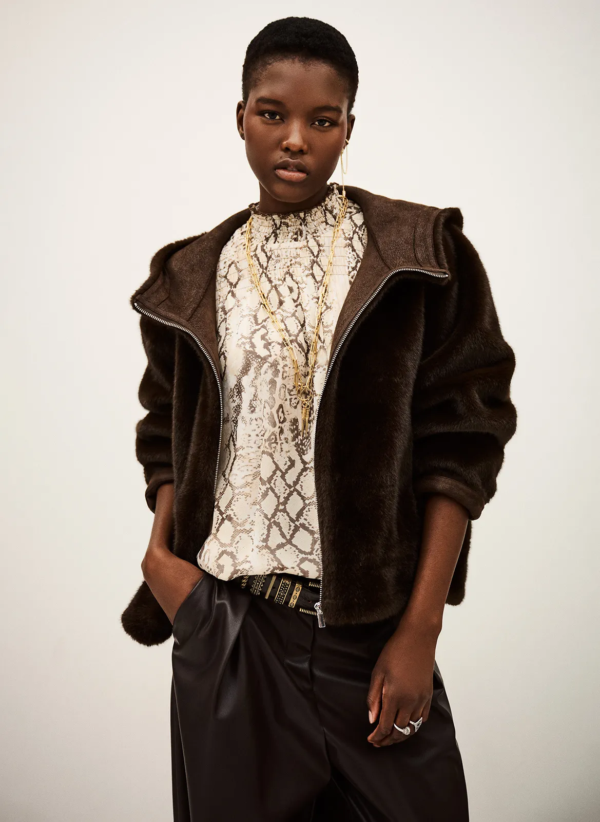 Manteau droit col montant en fourrure synthétique Marron PANDY