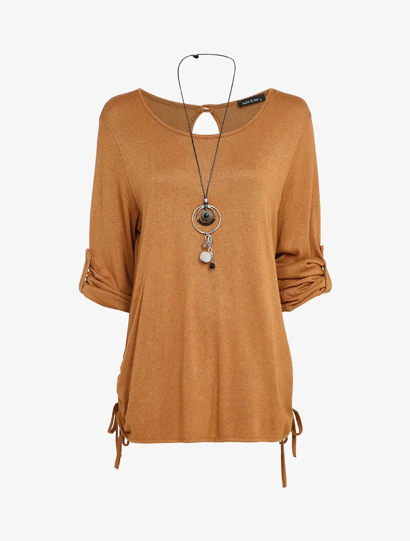Tunique unie avec liens de serrage - Camel