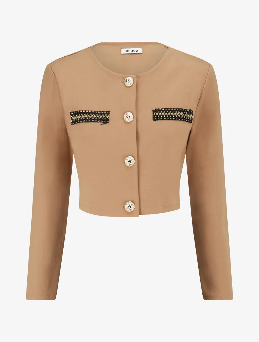 Veste courte empiécement brodé - Taupe