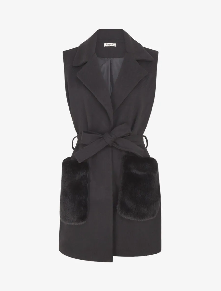 Veste à empiècement fourrure synthétique effet fausses poches - Noir