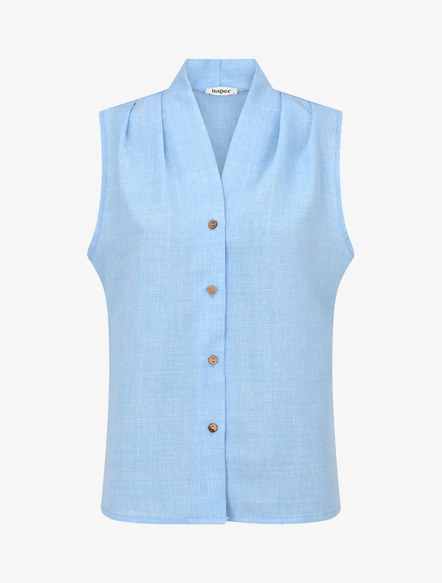 Top uni sans manches boutonné - Bleu