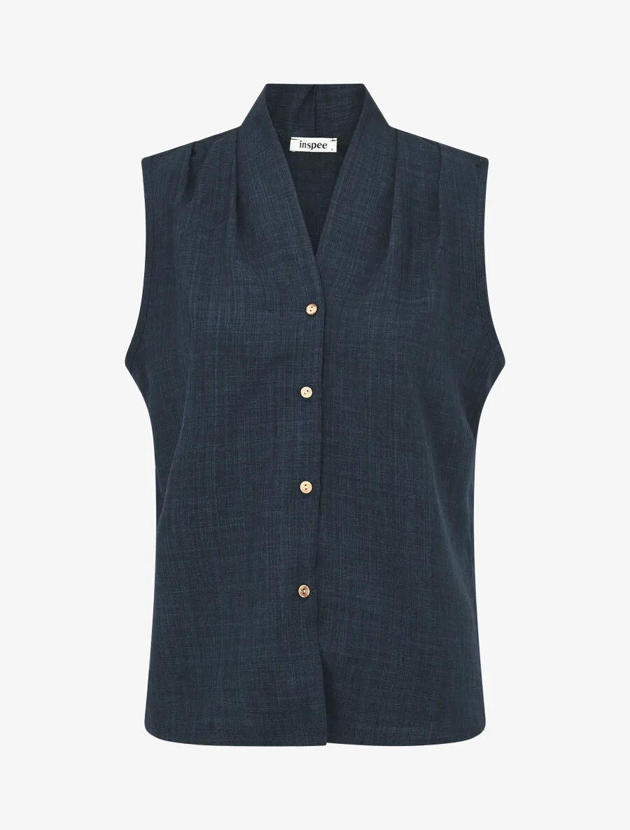 Top uni sans manches boutonné - Marine