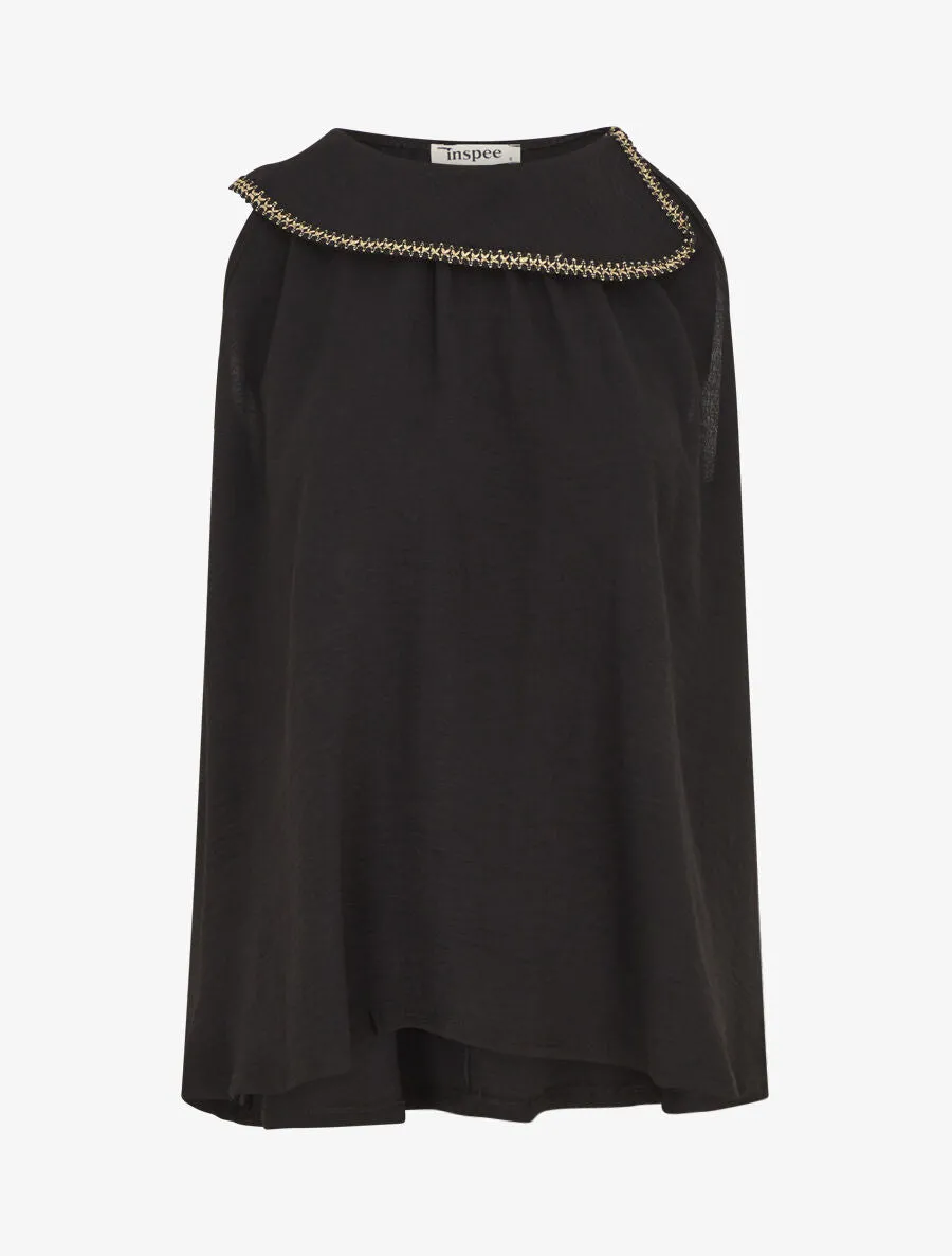 Top uni à col rond stylisé et rabattu - Noir